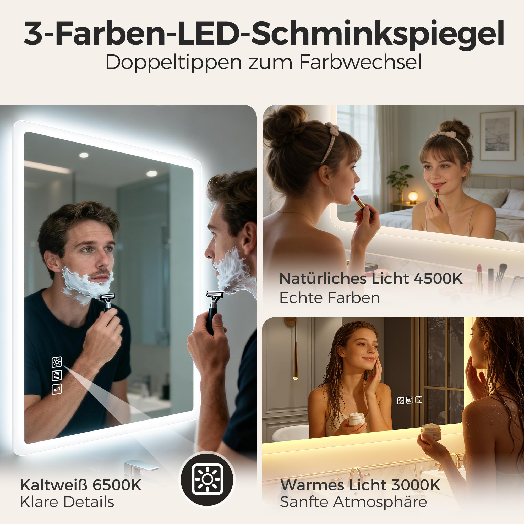 STARLEAD Bluetooth Badezimmerspiegel-mit-Beleuchtung 80x60cm, Dimmbar, 3 Lichtfarben, LED-Spiegel-Bad mit Entfoggen, Speicherfunktion, IP44 Hartglas Bad-Spiegel-mit-Licht, Horizontal/Vertikal
