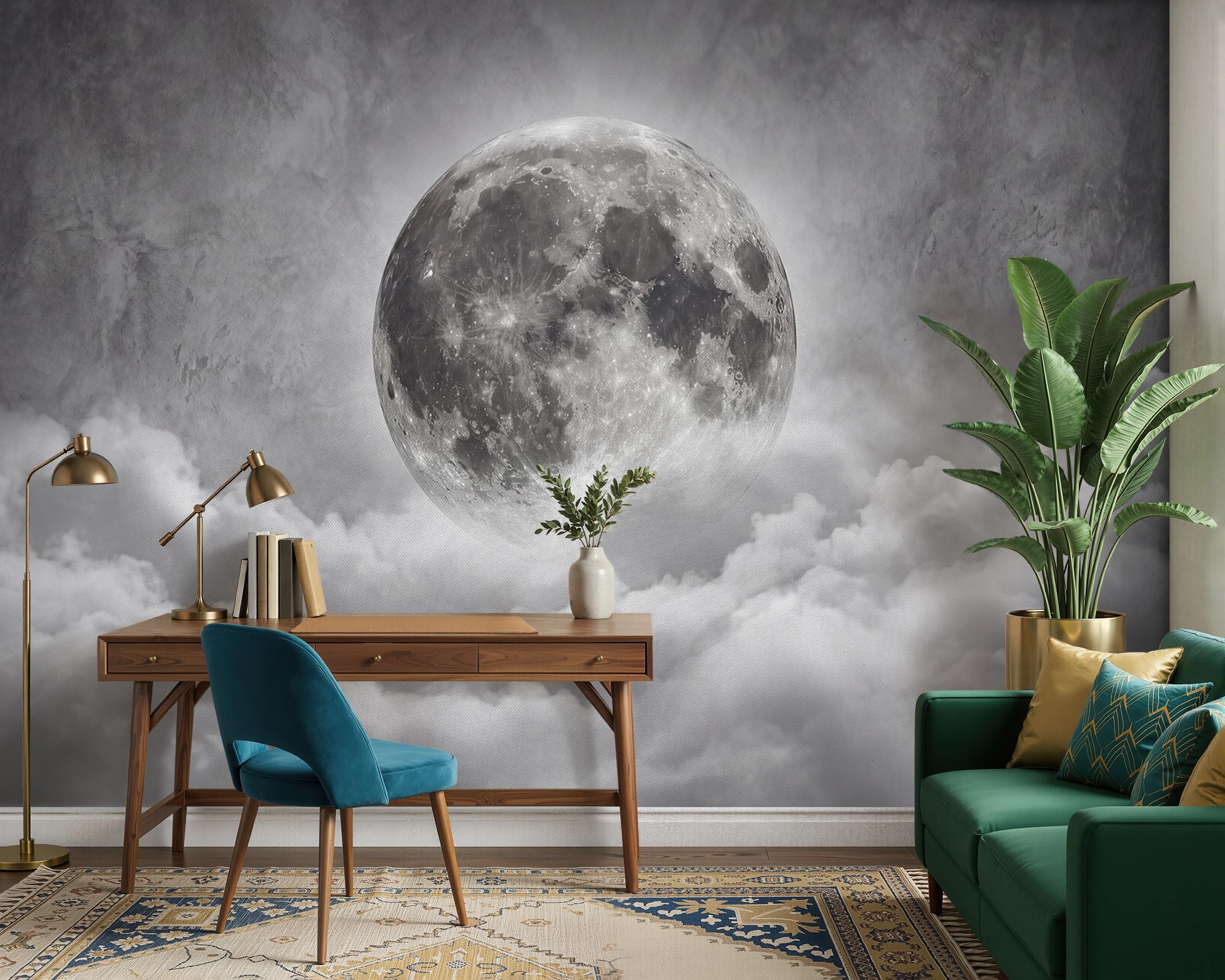 Fototapete 3D Vollmond Wolken Tapete Grau Betonoptik Tapeten Vliestapete Modern Wandtapete Wohnzimmer Schlafzimmer Kinderzimmer Wanddeko Motivtapeten350 x 256 cm (B x H)