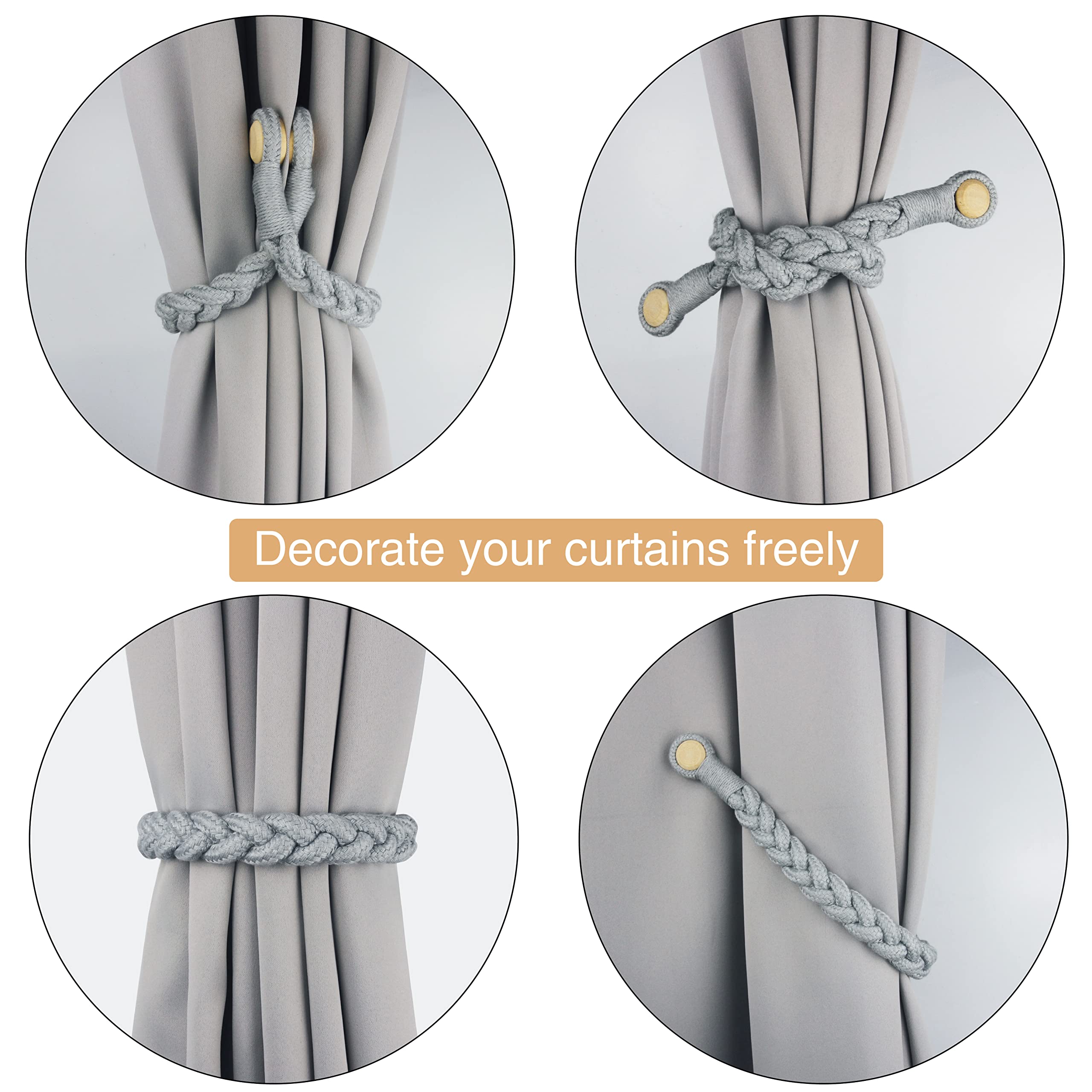 Confezione da 6 fermatenda magnetici morbidi in cotone intrecciato a mano fermatenda decorativi per la casa con fibbia in legno resistente per la decorazione di casa e ufficio (grigio, 6)