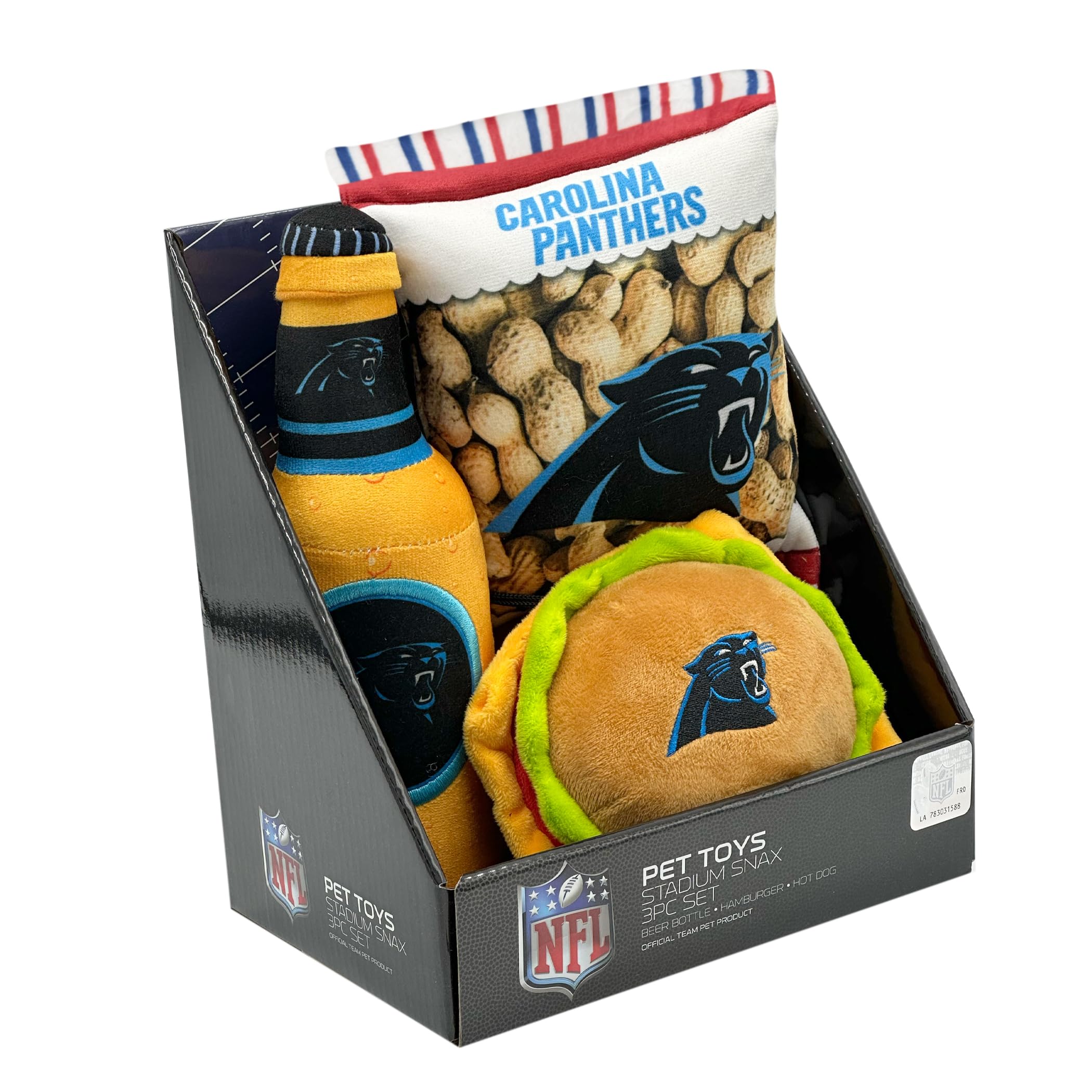 Pets First NFL Carolina Panthers Football Stadium Snax zestaw upominkowy, zestaw 3 zabawek dla psów z wewnętrznymi piszczałkami. Zabawki dla psów o tematyce piłkarskiej z logo drużyny NFL