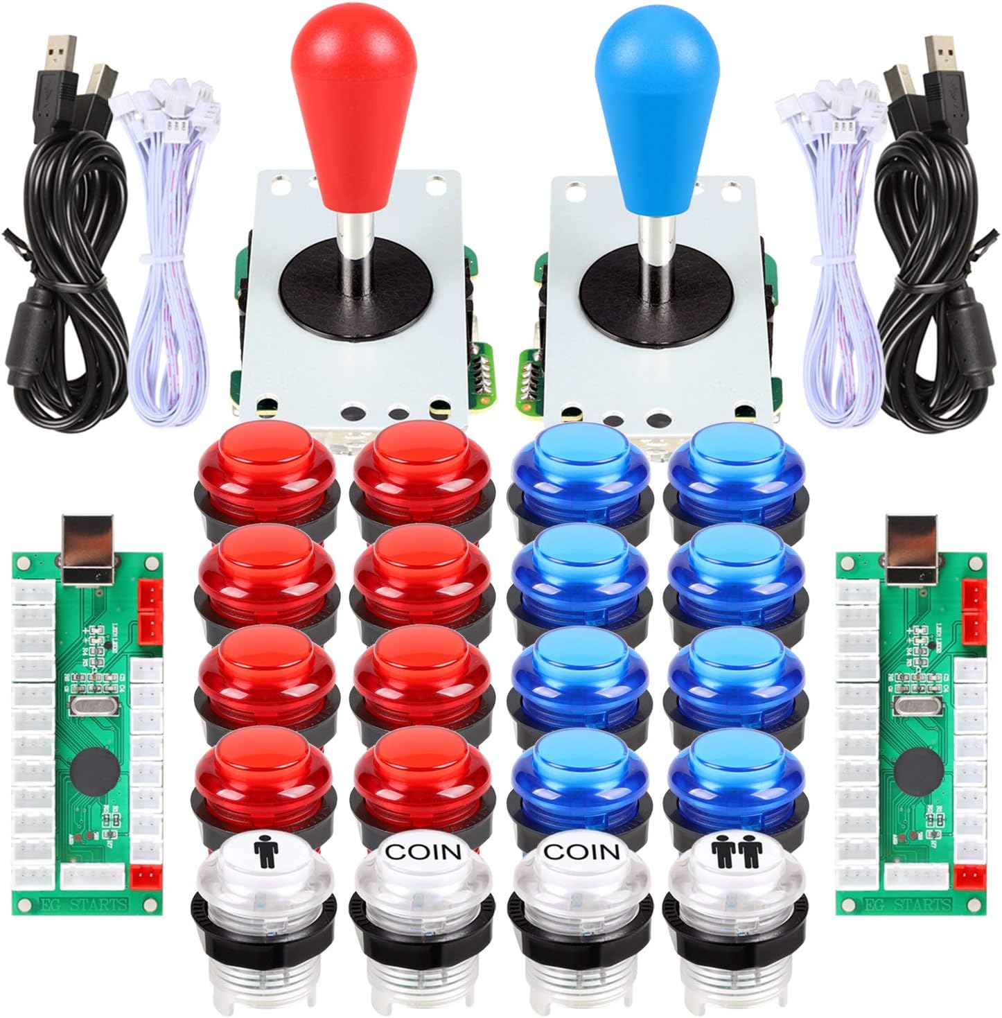 EG STARTS 2 Player Arcade Games DIY Kit Parts 2 Ellipse Oval Joystick Handles + 20 LED lit Arcade Buttons Red & Blue Colors