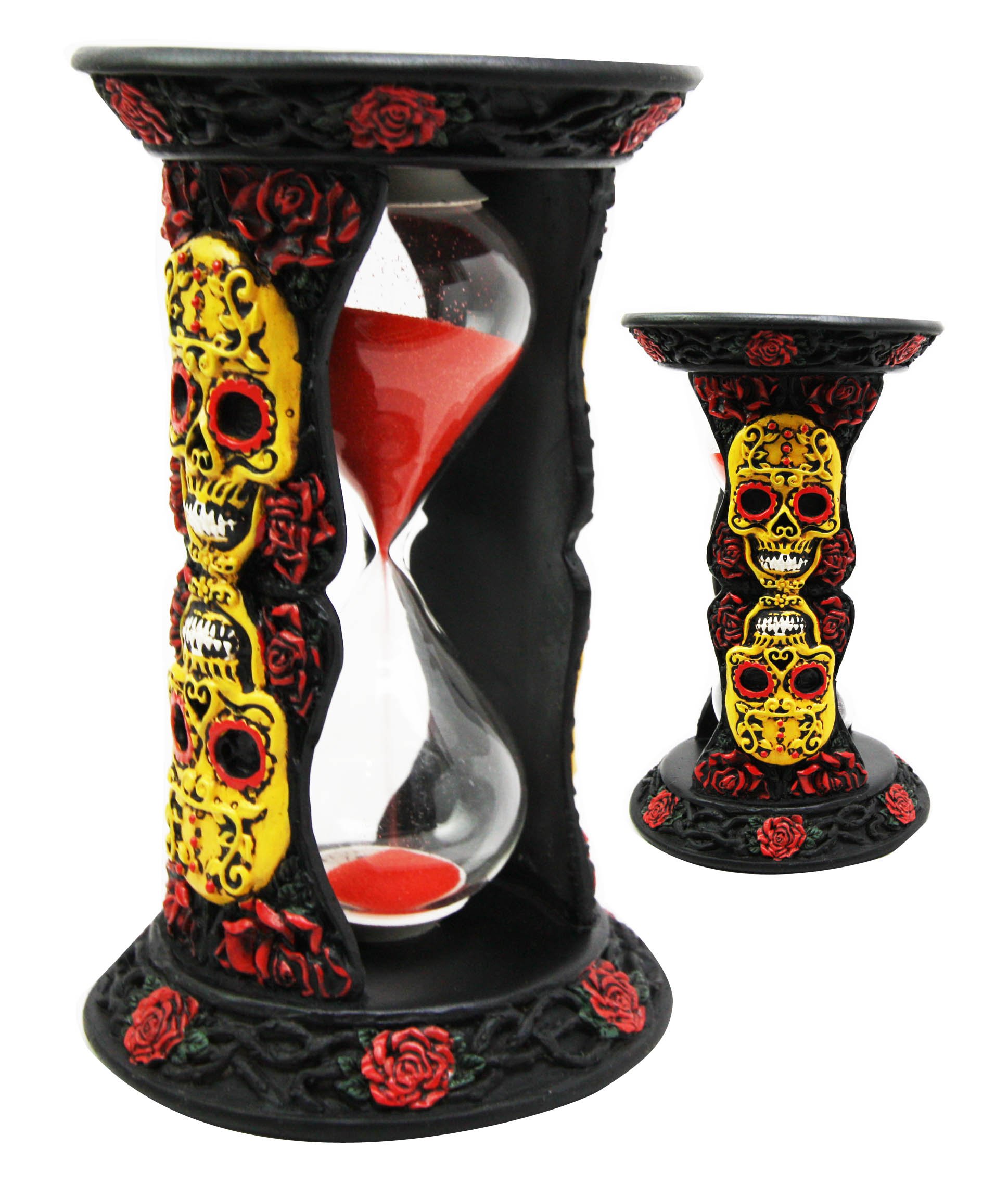 Ebros DOD Dias De Muertos Tribal Tattoo Yellow Sugar Skulls with Red Roses Black Sand Timer Skeleton Figurine Halloween Home Decor Accent Sandtimer As Ossuary Macabre Decorative 3D Sculpture of Skull