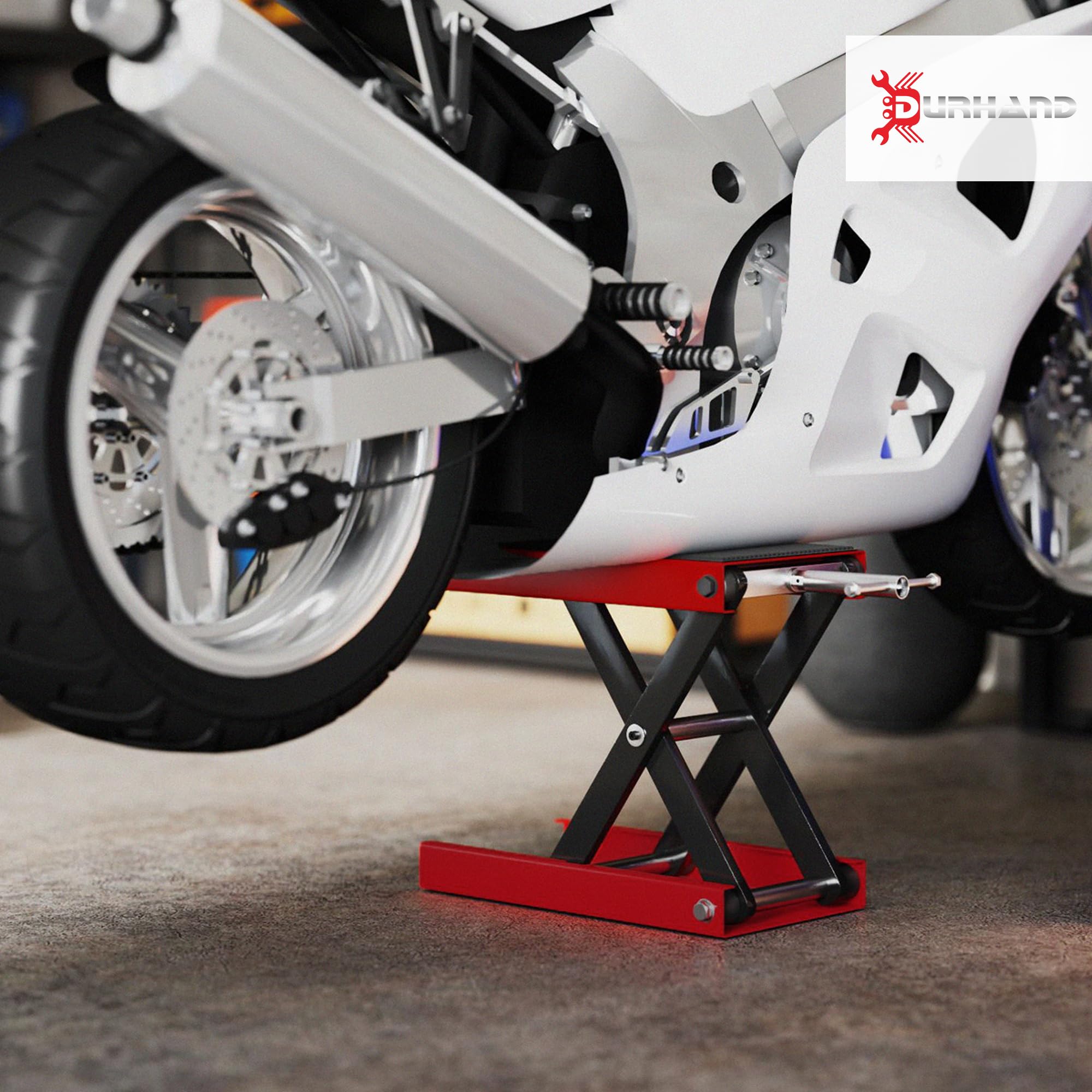 DURHAND Plataforma Elevadora de Tijera Carga 500 kg Altura Ajustable 10-37 cm Soporte para Motocicletas Soporte de Moto para Aparcar o Reparar Taller Garaje 41,5x23,5x10-37 cm Negro y Rojo