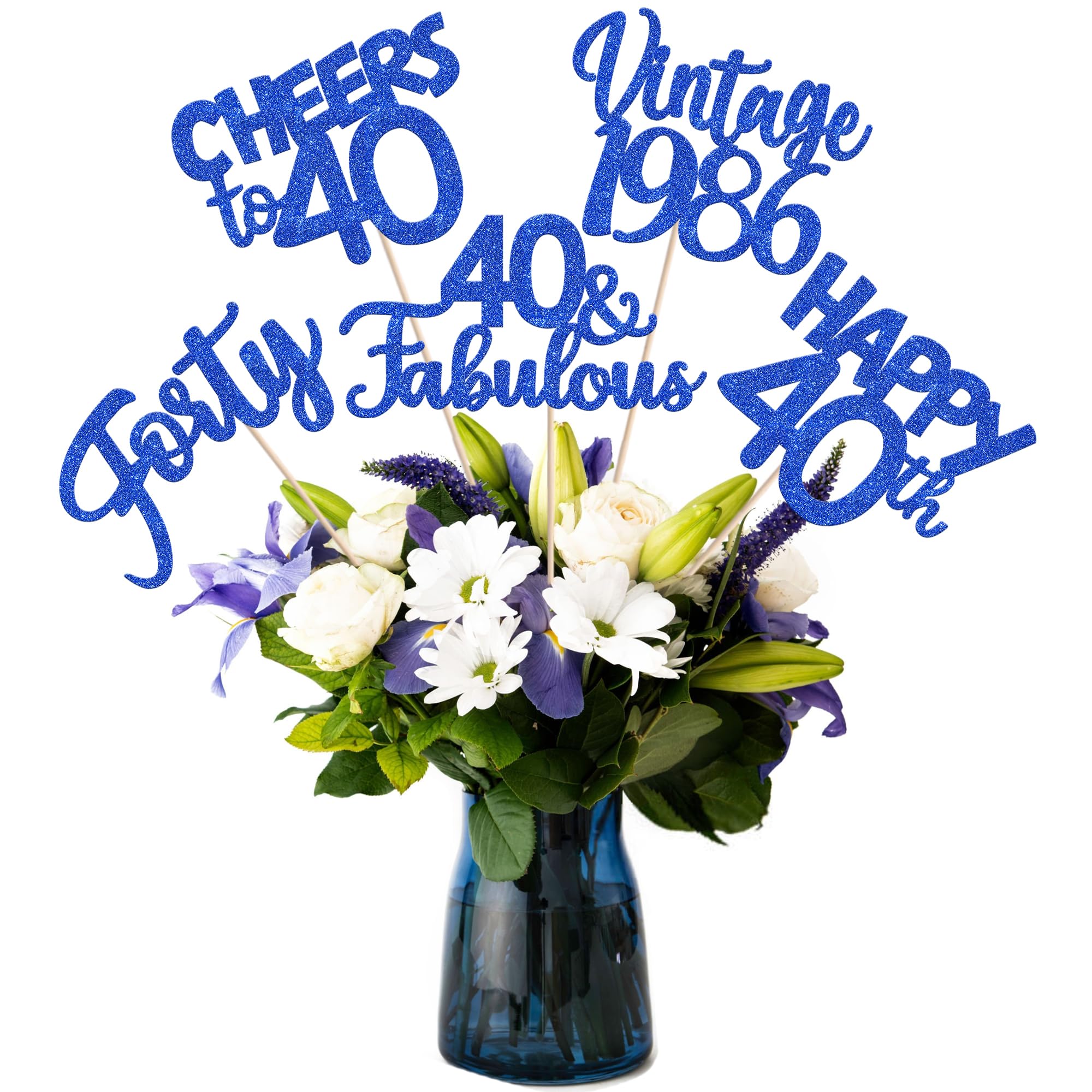 15 PCS 40th Birthday Centerpiece Sticks Forty Happy 40 Vintage 1986 Table Flower Centerpieces Sticks Cheers to 40 Fabulous Floral Decorations for 40th Birthday Party Supplies Blue