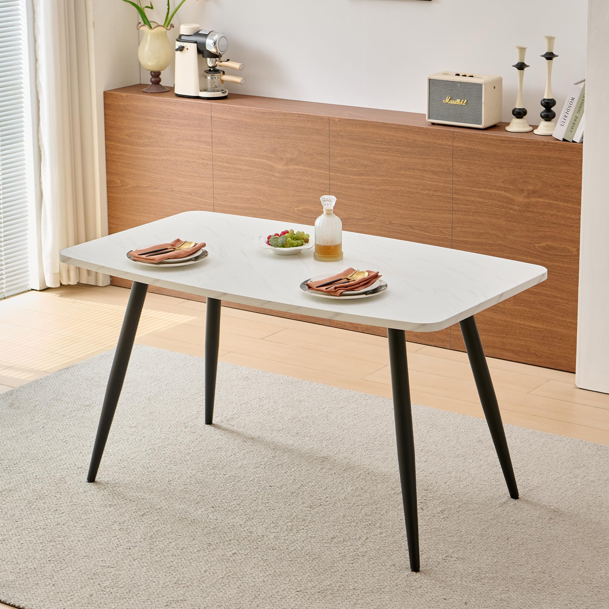 Weegstok Dining Table 140cm MDF Kitchen Table with Round Metal Legs, Modern Wooden Rectangular Dinner desk for 4-6 Person Dining Room, Restaurant, Apartments (Round Leg, White Marble, 140cm)