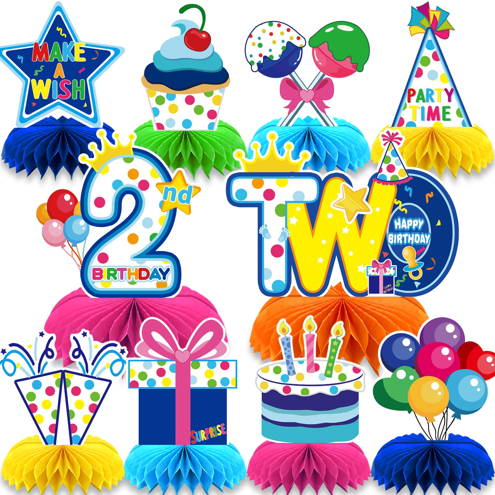 10 Pieces Happy 2 years old Decorations Set,3D Table Toppers Double Sided Stand Cards for Party Supplies,Colorful Birthday Themed Honeycomb