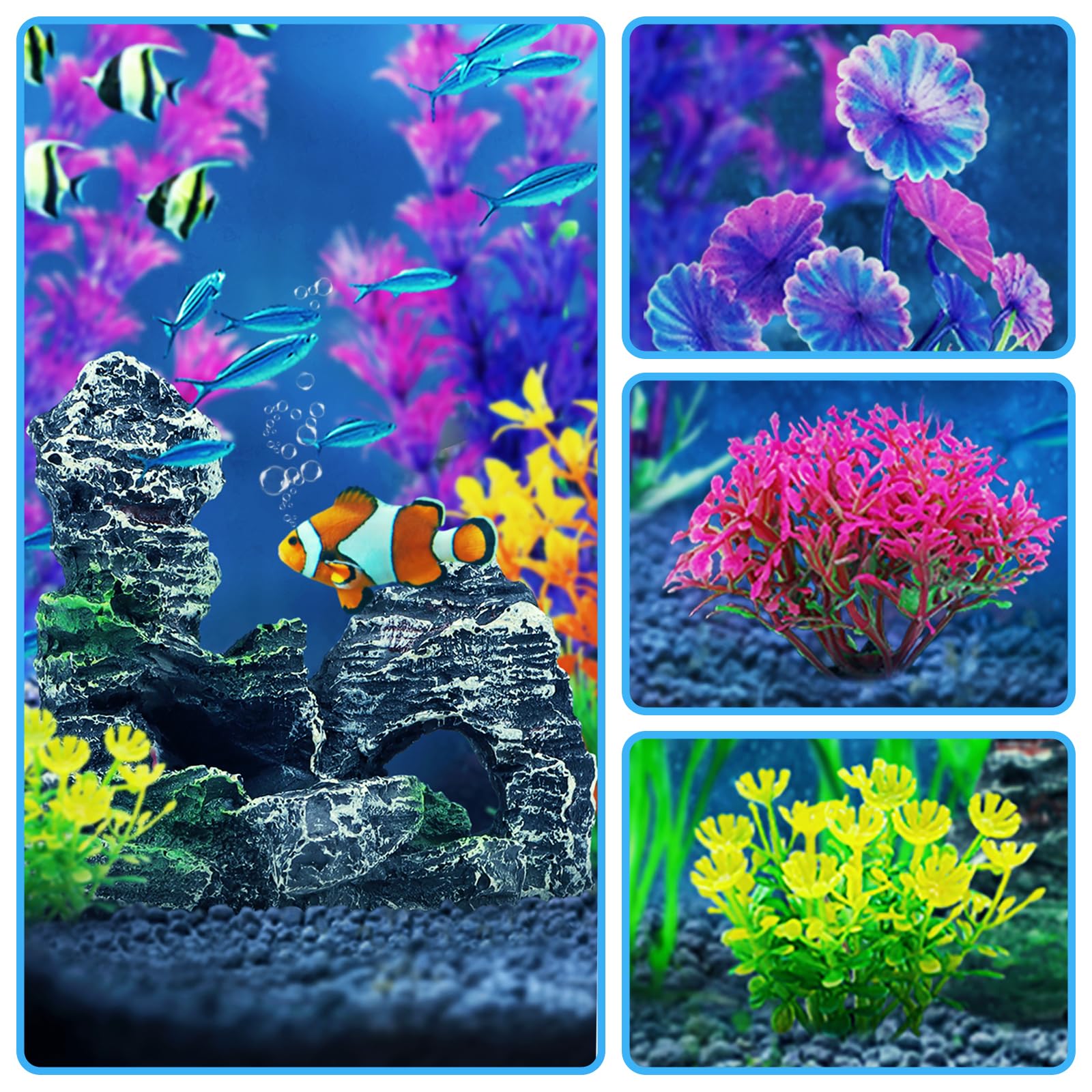 QUOZUO Decorazioni per acquari, 9 pezzi piante con vista rocciosa in resina, acquari piante in plastica, accessori per acquari e nascondigli