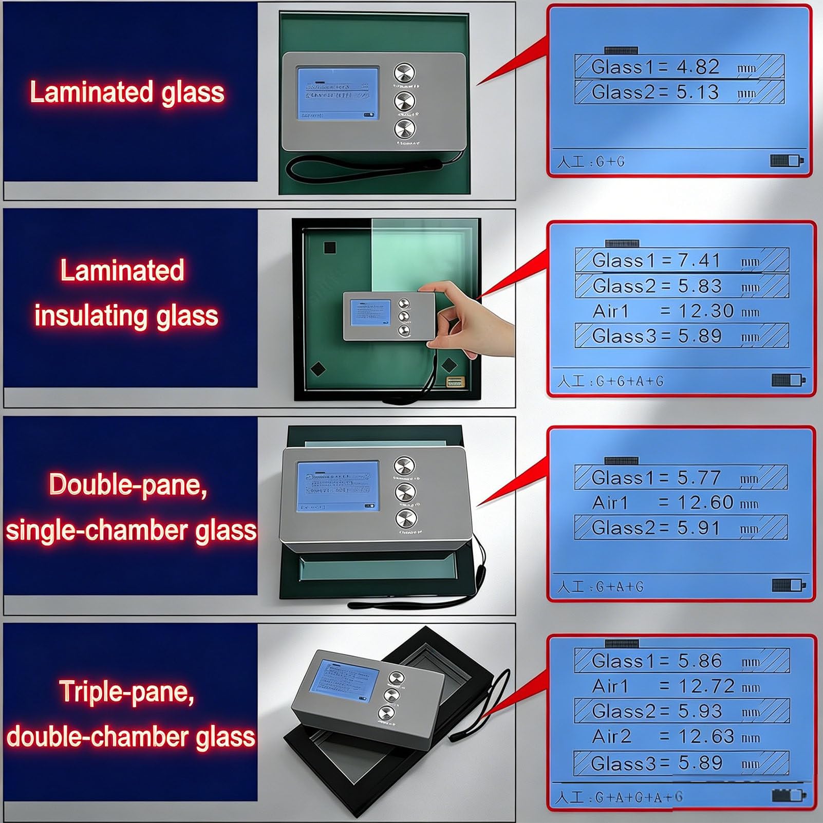 Medidor de grosor de vidrio, herramienta de medición de grosor de vidrio aislante LCD, precisión ± 0,1 mm, rango de 70 mm para vidrio, diseño compacto y portátil