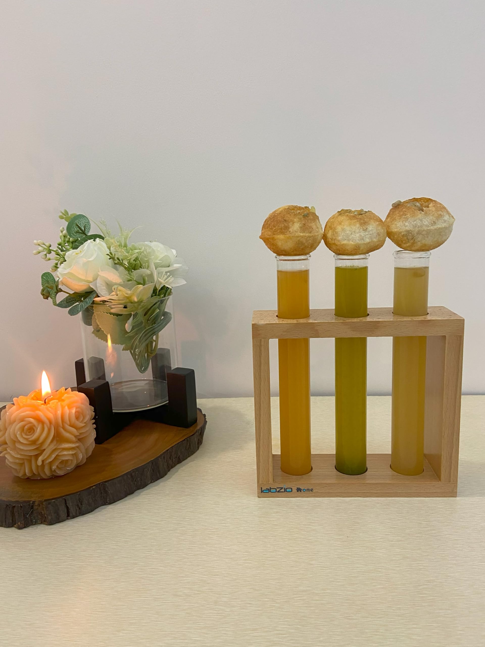 LABZIO Wooden Flower Vase – Handcrafted Decorative Stand with 3 Borosilicate Glass Test Tubes – Elegant Diwali Home & Office Decor, Festive Floral Display, Pooja Room & Wedding Gift 4