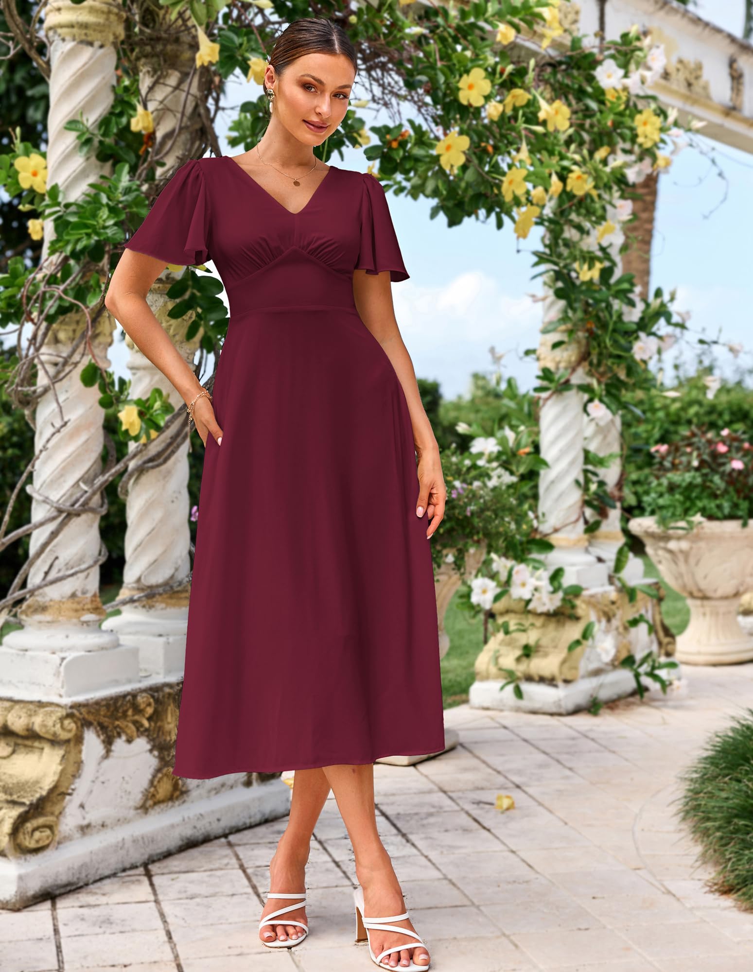 GRACE KARIN Vestido Mujer Cuello V Manga Corta Volante Espalda Cuadrada Línea A Casual Elegante