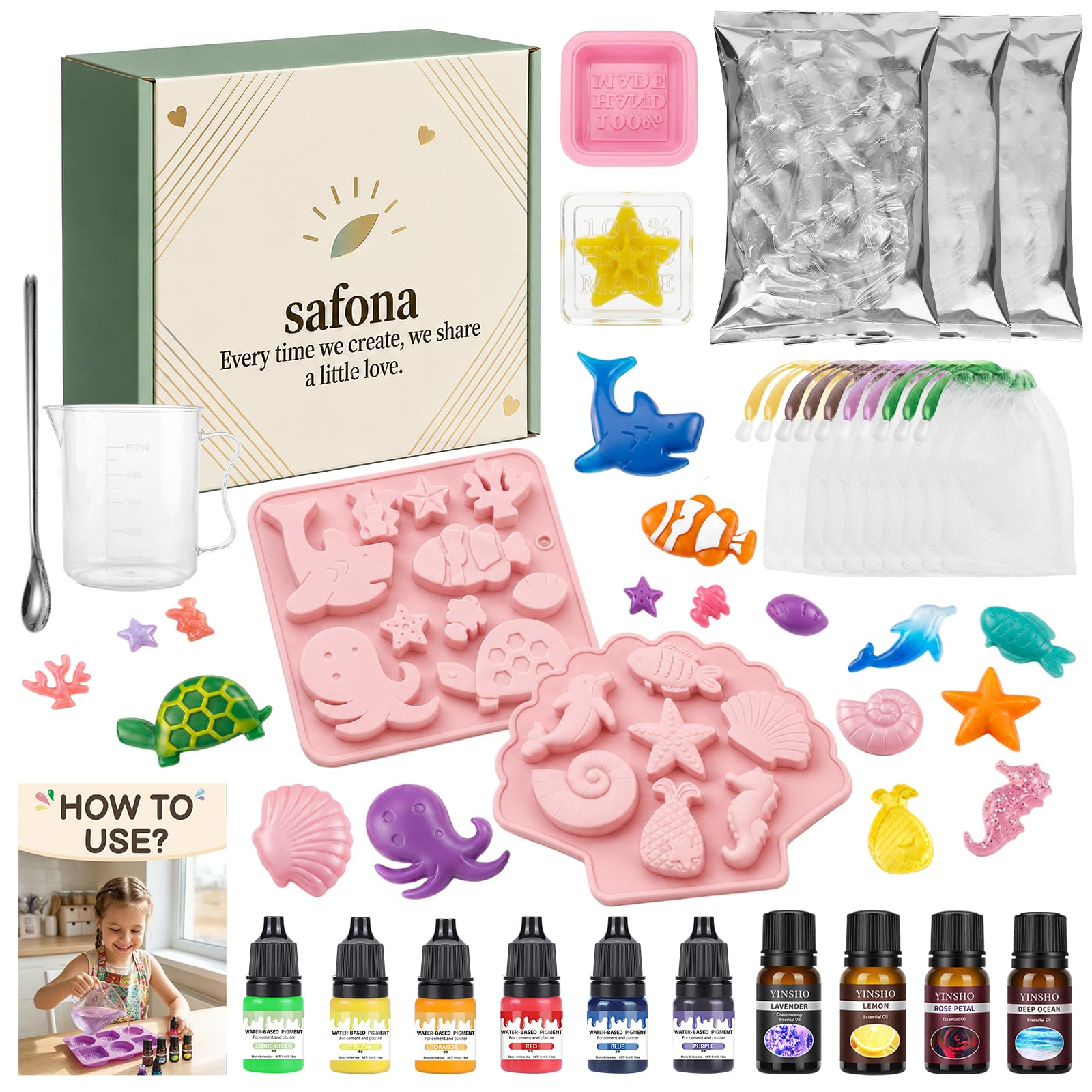 Set di sapone fai da te per bambini, 500 g, lattiginoso, 250 g, base di sapone trasparente, pesce marino, 10 forme a forma di cavalluccio marino, quadrato, 6 colori, 4 oli essenziali, 10 reti in
