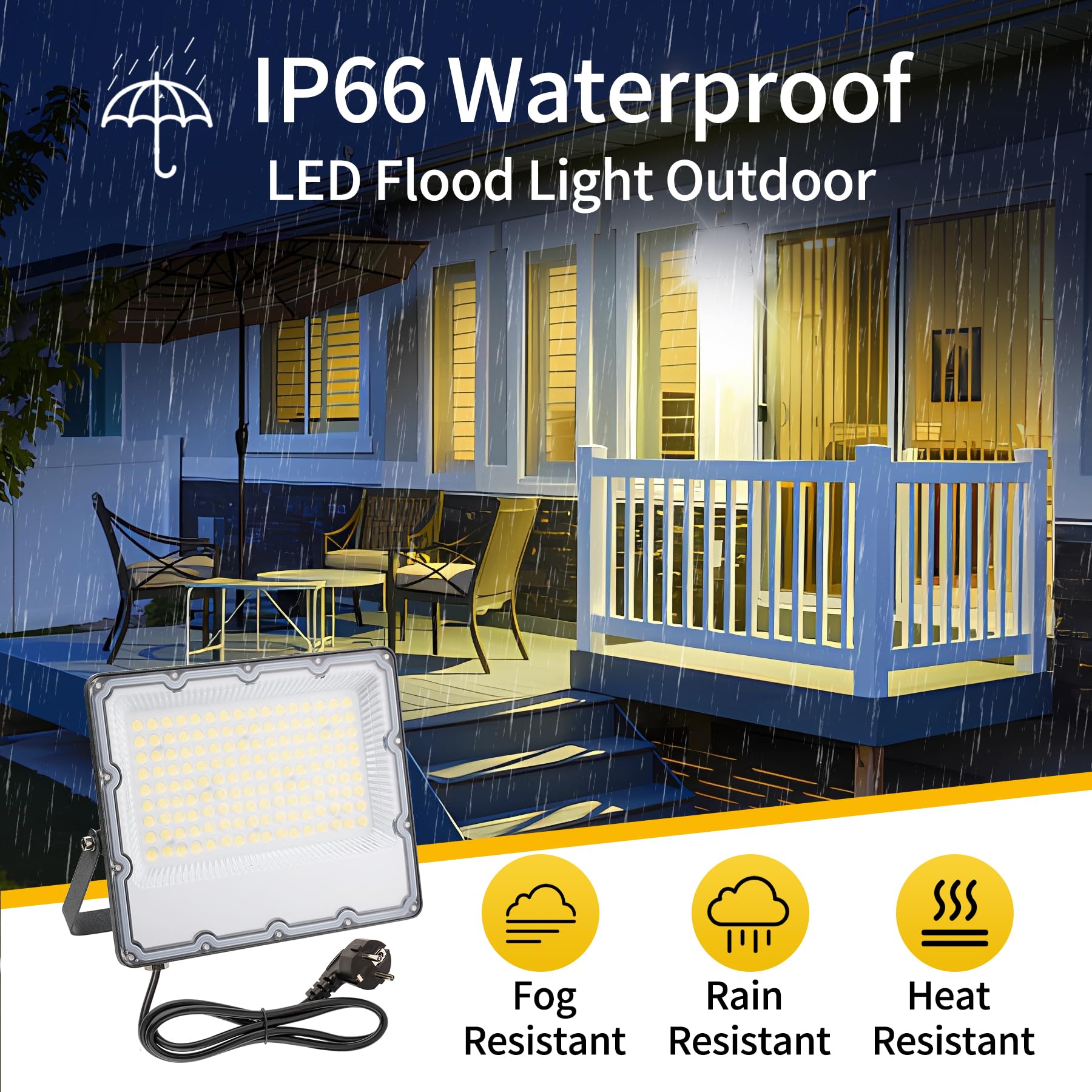 Foco LED Exterior 100W, IP66 Impermeable,10000LM,6500K Luz Blanca Fría,Con enchufe UE para Jardín, Patios, Parking, Hotel, Naves Etc