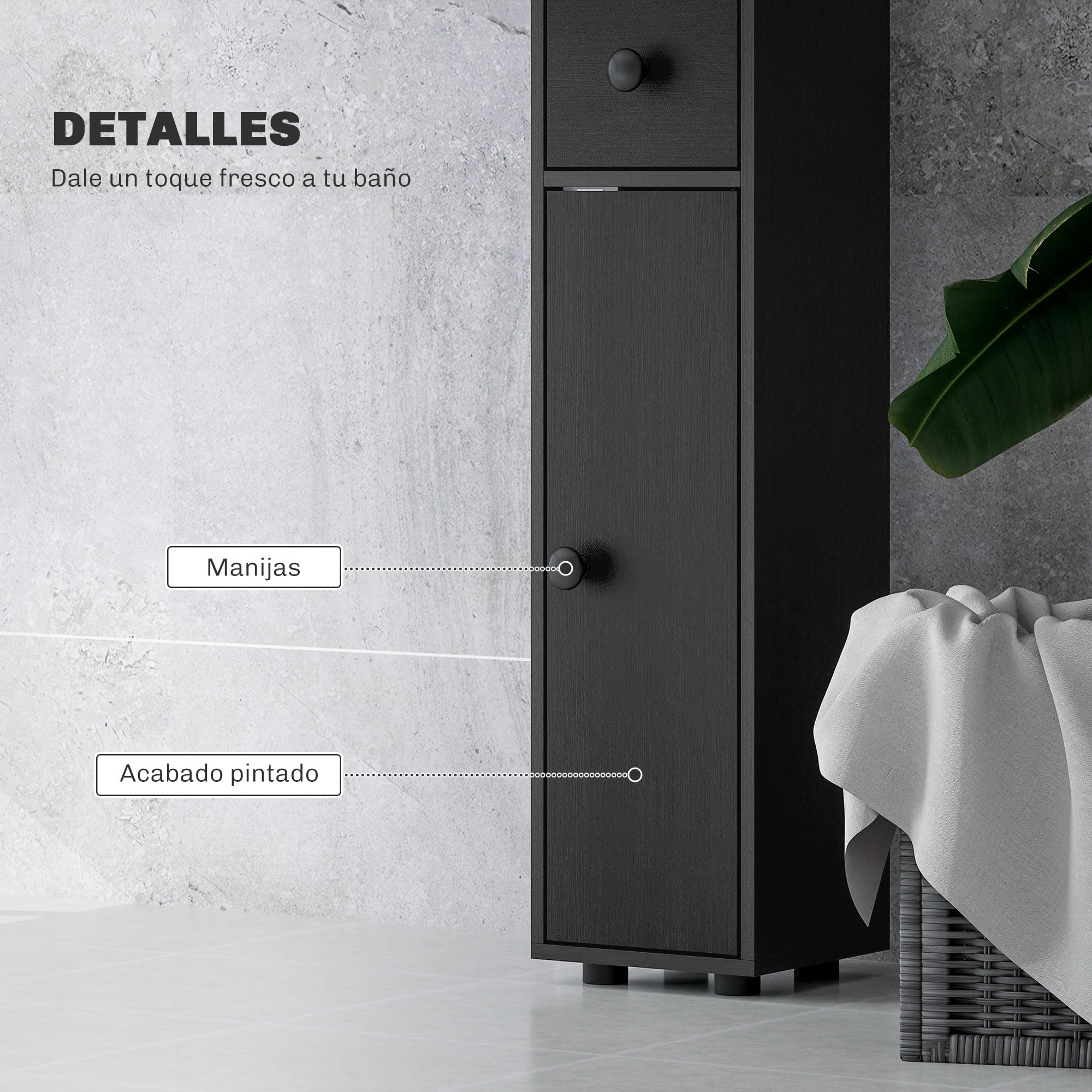 kleankin Armario de Baño Alto, Columna de Baño Estrecha con 1 Cajón, 4 Estantes Abiertos y Estantes Ajustables, 2 Puertas, Estilo Moderno, para Espacios Pequeños, 20x20x180 cm, Negro