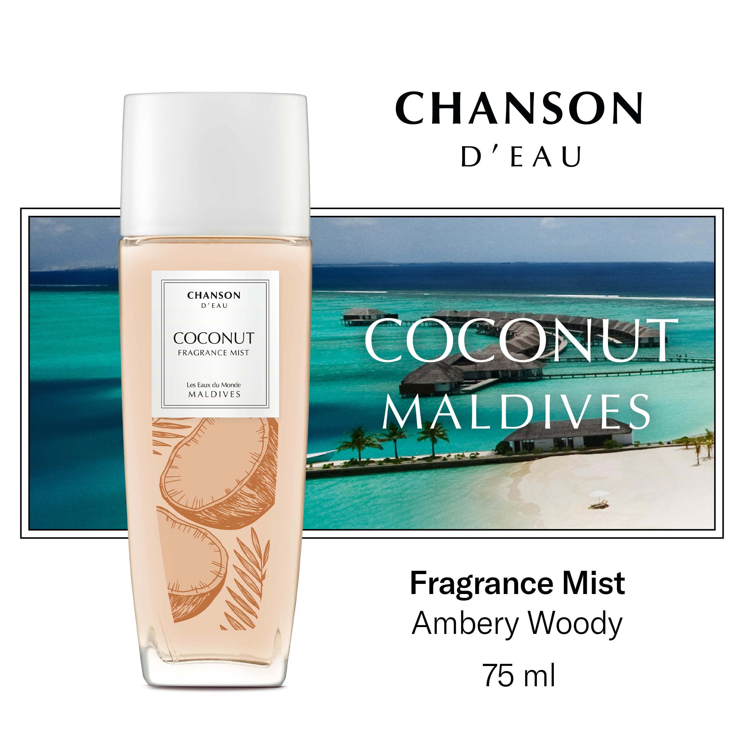 Chanson d'Eau Les Eaux du Monde Coconut Profumo Spray Corpo e Capelli Donna, Profumo ambrato legnoso, 75 ml