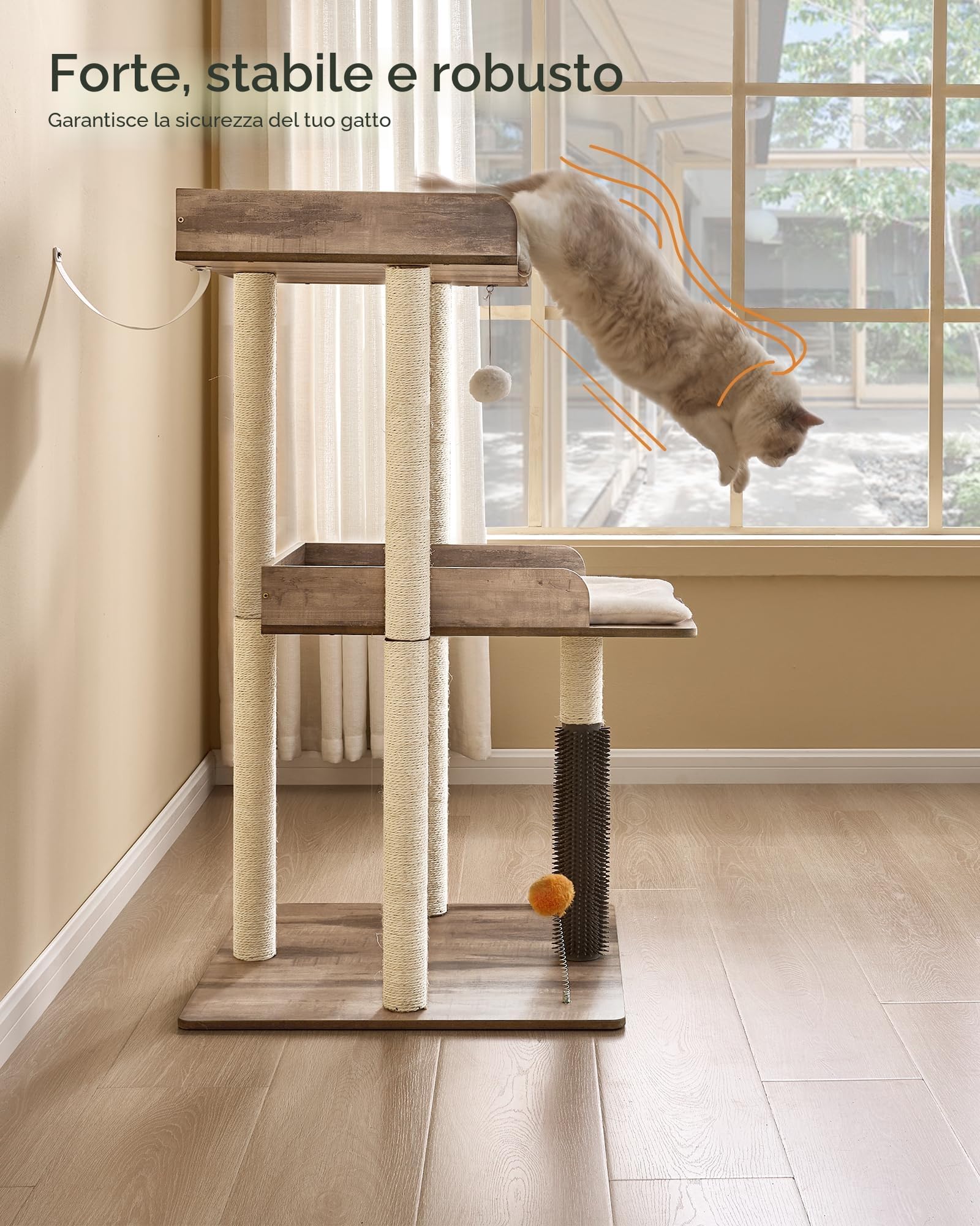 FourFurPets Albero per Gatti Alto 111 cm, Tiragraffi per Gatti,con 3 Pali Graffiatoi,2 Posatoi,Pompon,Greige