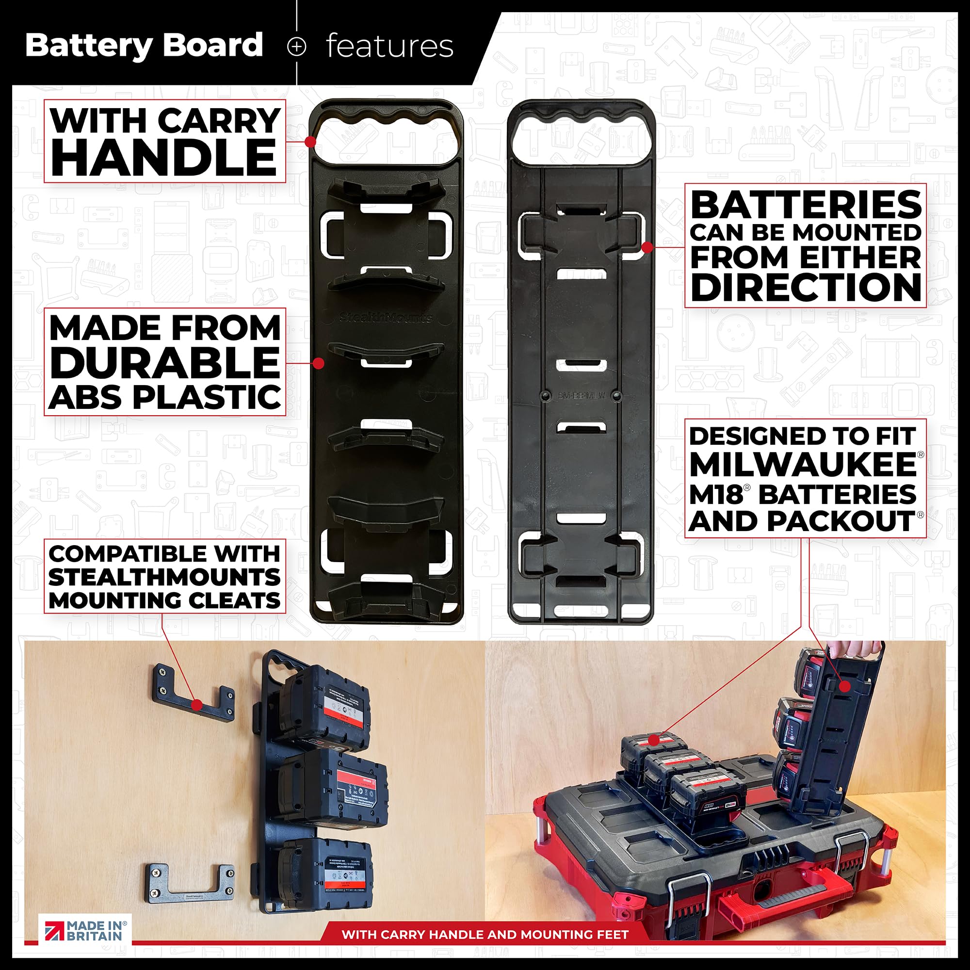 StealthMounts Support Batterie Dewalt – Rangement Malin Et Transport Ultra-Pratique Pour 3 Batteries 20V XR/Flexvolt Avec Poignée