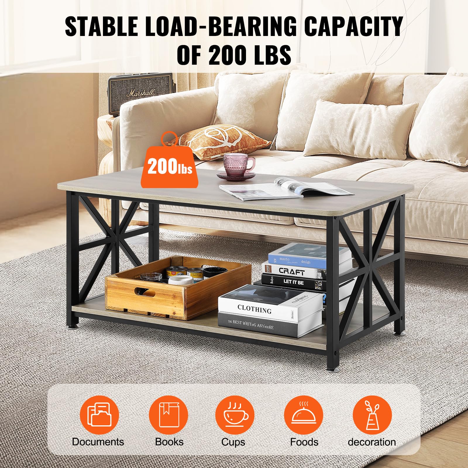 VEVOR Mesa de Centro Rústica de 1000 x 500 x 465 mm, Mesa de Centro Rectangular con Compartimento de Almacenamiento Abierto Mesa de Madera para Sala de Estar, Apartamento, Dormitorio, Marrón y Negro