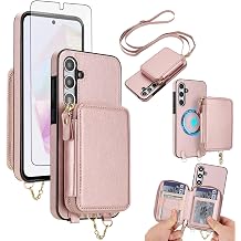 Phone Case for Samsung Galaxy A35 5G Wallet Zipper Handbag Cover and Screen Protector Crossbody Lanyard Strap 2-in-1 Magnetic Detachable MagSafe RFID Blocking Flip A 35 35A A355G Women Men Rose Gold