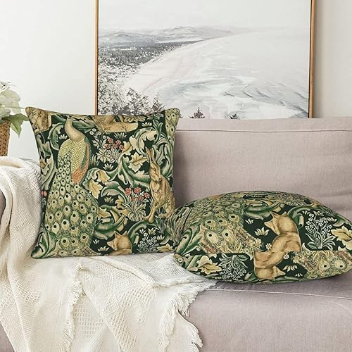 Miniatura 6 de Juego de 2 fundas de almohada de 18 x 18 pulgadas, diseño de animales del bosque verde William, estampado de zorro, liebre morris, para dormitorio,