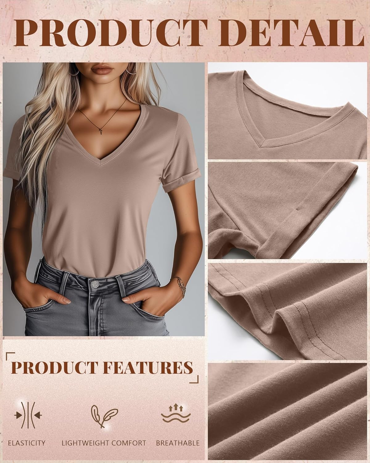 Ficerd 3 Pack Women's V Neck T Shirts, Summer Casual Short Sleeve Tops Loose Fit Rolled Sleeve Tees Trendy Shirts - Image 5