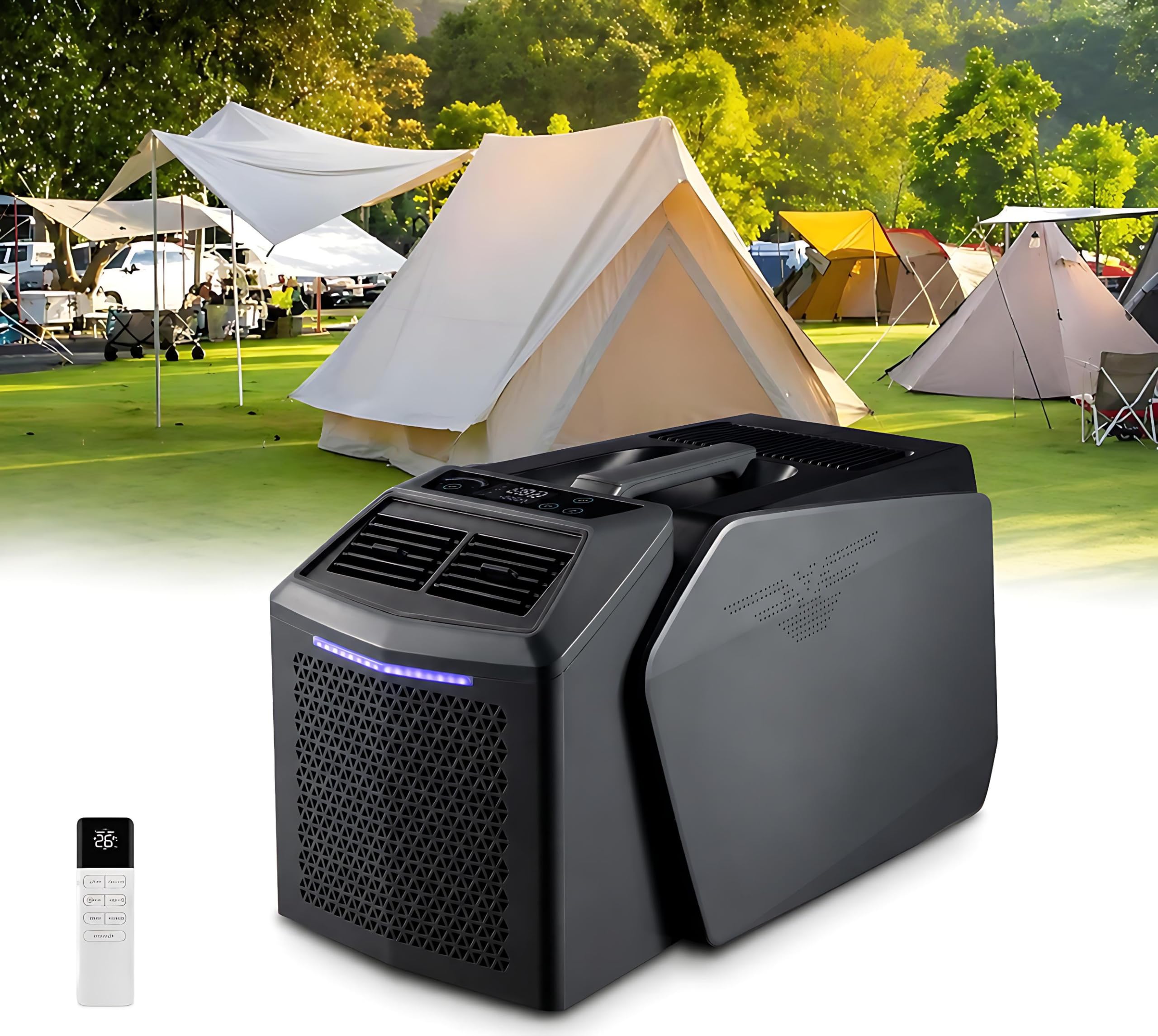KPOUYYDS 4-in-1 Portable Air Conditioner, Tent Camping AC, 6200 BTU 550W, for 48V DC/110V/220V AC, Split Design Quiet Room Cooler LED Display Remote Control, for RV Van Life Garage Workshop Dorm 48V