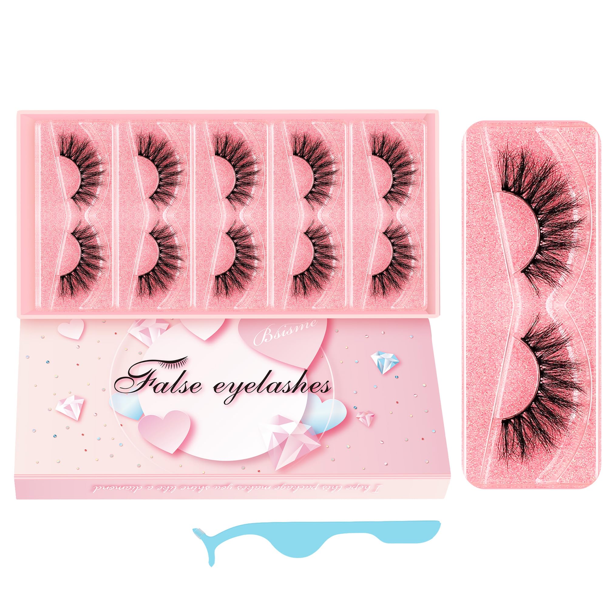Bsisme Fluffy False Eyelashes, Russian Strip Natural Look Lashes Classic Individual Wispy Faux Mink Manga 5 Pairs Fox Eye Cluster Thick Fake Lashes Includes Tweezers, No Glue