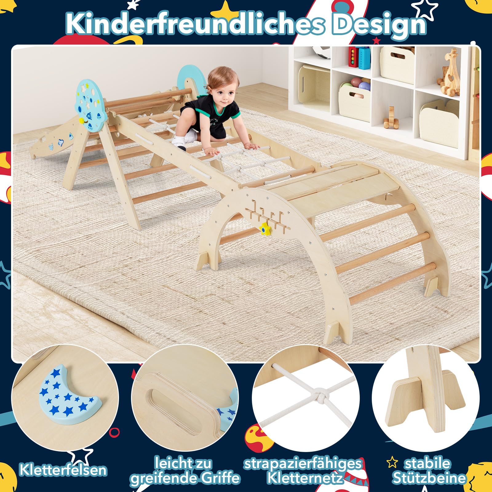 DREAMADE 9-in-1 Montessori Kletterdreieck Set mit Rutsche, Kletterbogen aus Holz mit Netz für Kleinkinder ab 1 Jahre, Kletterspielzeug, Indoor Klettergerüst für Kinderzimmer (Natur,Astronaut-4er Set)