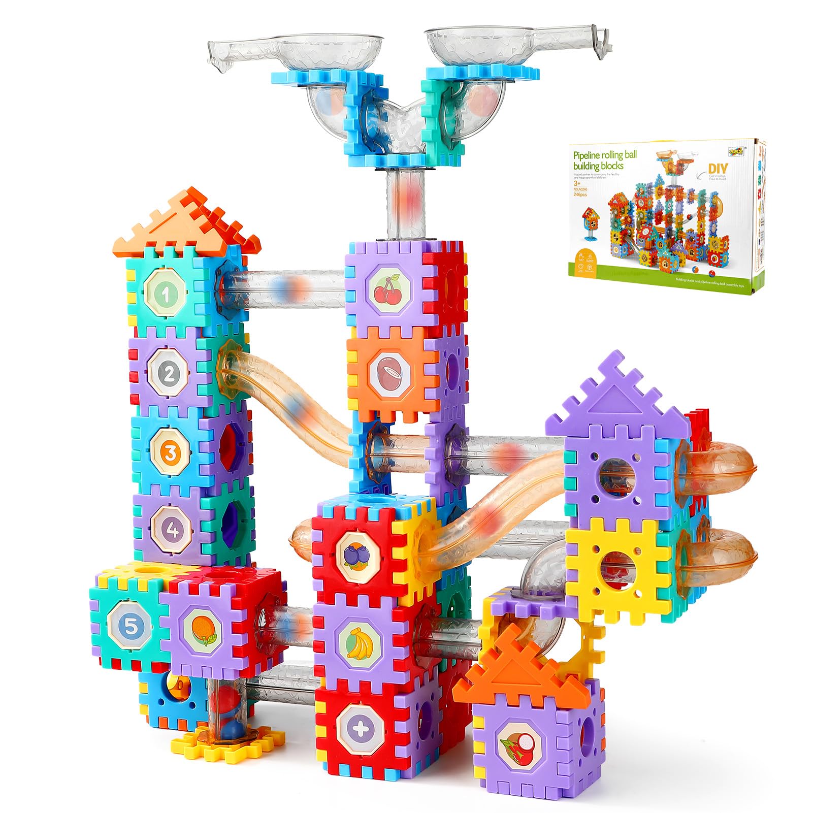246-Piece Marble Run Track Building Blocks Toy Set, Creative Marble Track Game, Marble Race Construction Kit, Educational Building Block Toy, Educational Gift for ​3+Years Boys and Girls