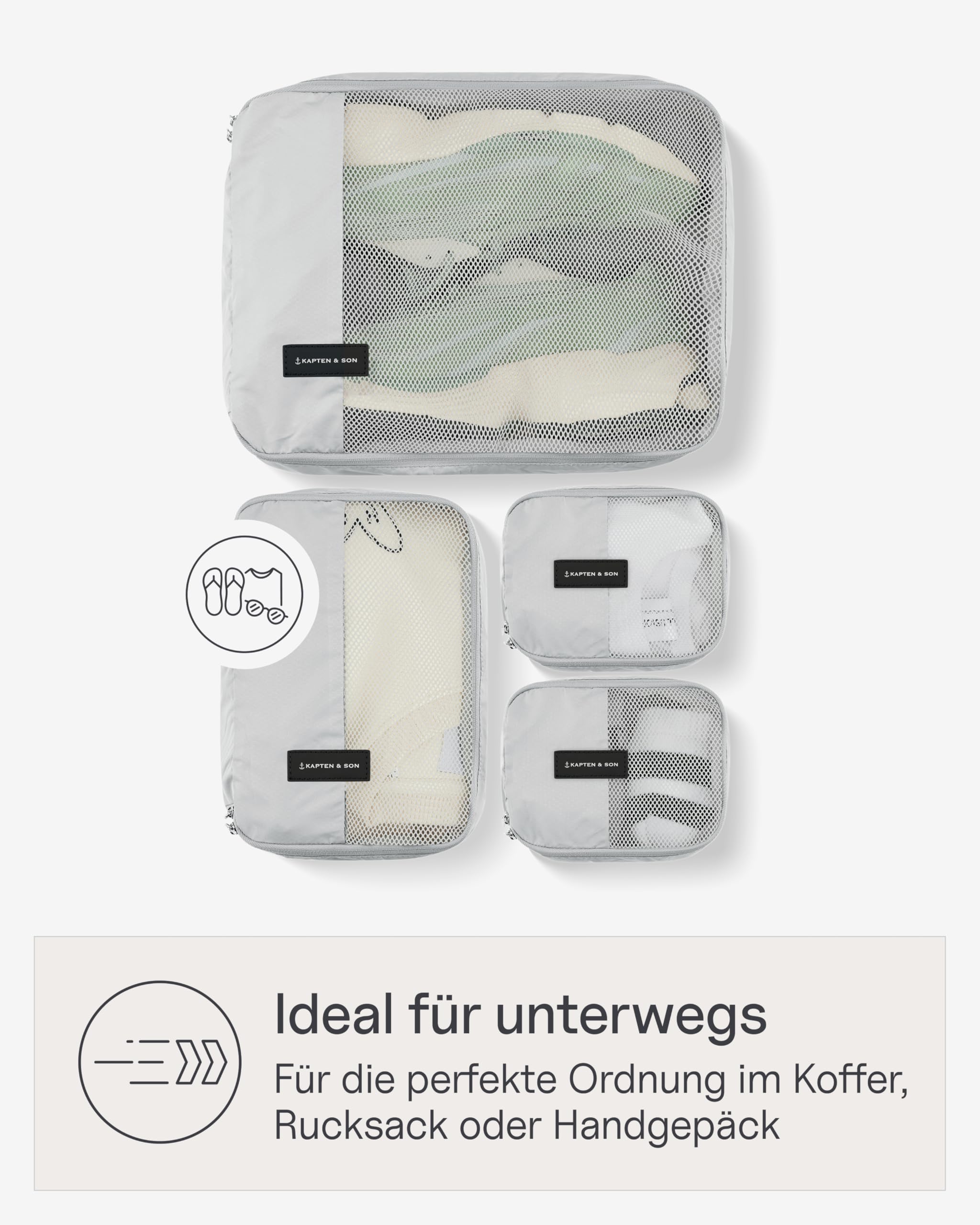 Kapten & Son Packing Cubes Set Small All Black Koffer Organizer 4er Set | 4er Set Packwürfel für Handgepäckkoffer (2x Small, 1x Medium, 1x Large) Koffer Organizer Set aus veganem Tech-Material