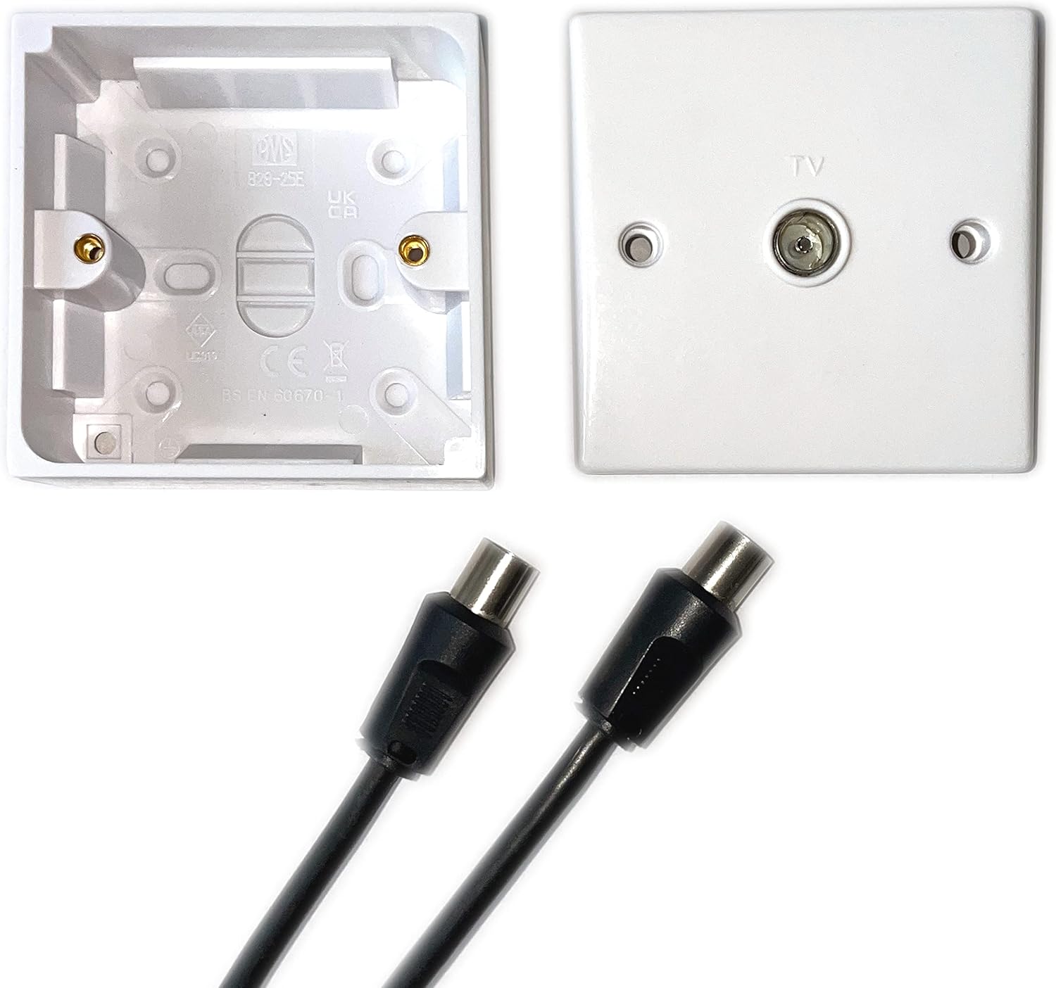 Aerial TV Socket with Back Box and Aerial Lead Male to Male COAXIAL