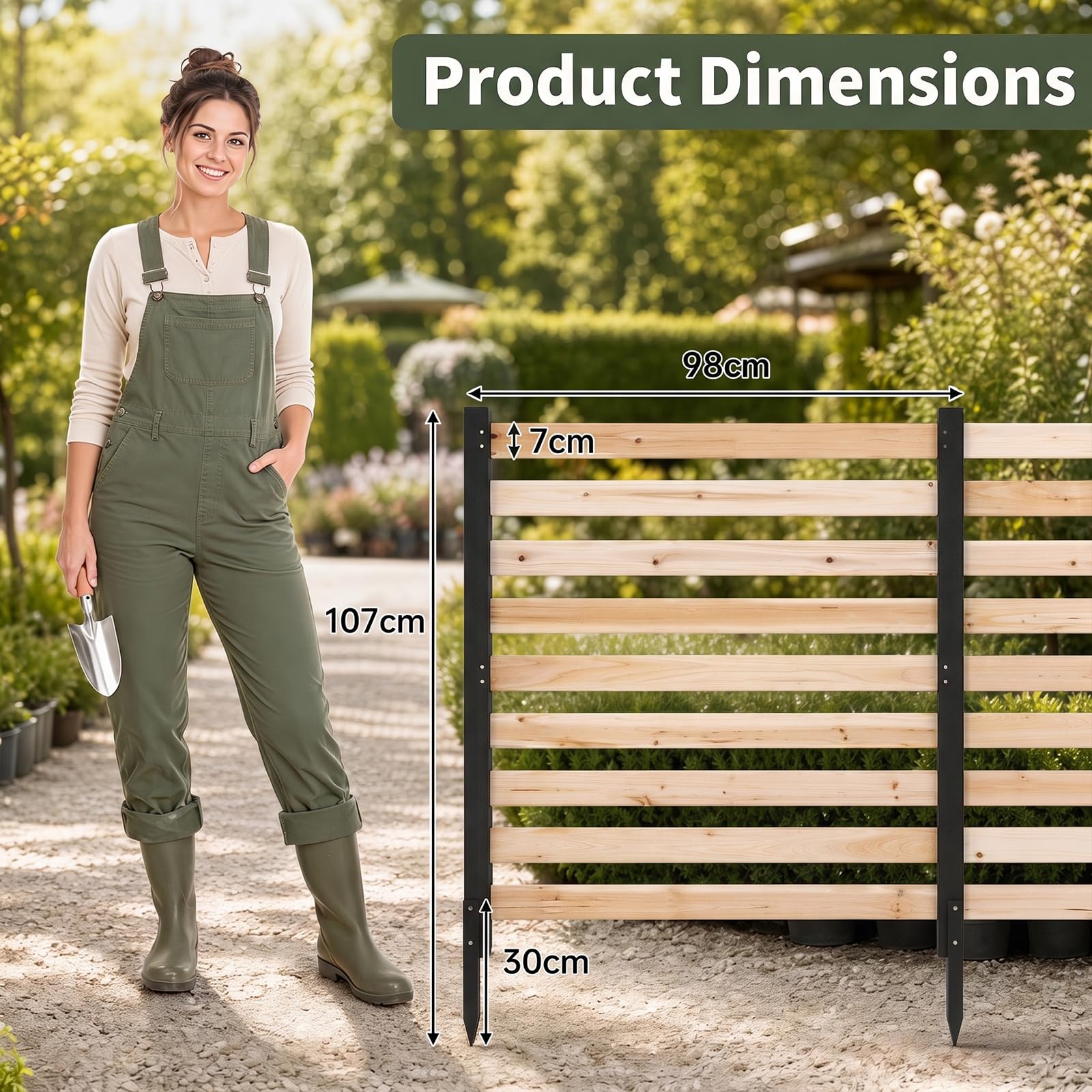 HOMASIS Pantalla de Privacidad, 98 x 107 cm (Natural) | Valla de Jardín de Madera de Abeto de 2 Paneles con Estacas y Diseño de Listones, Valla para Aire Acondicionado para Patio