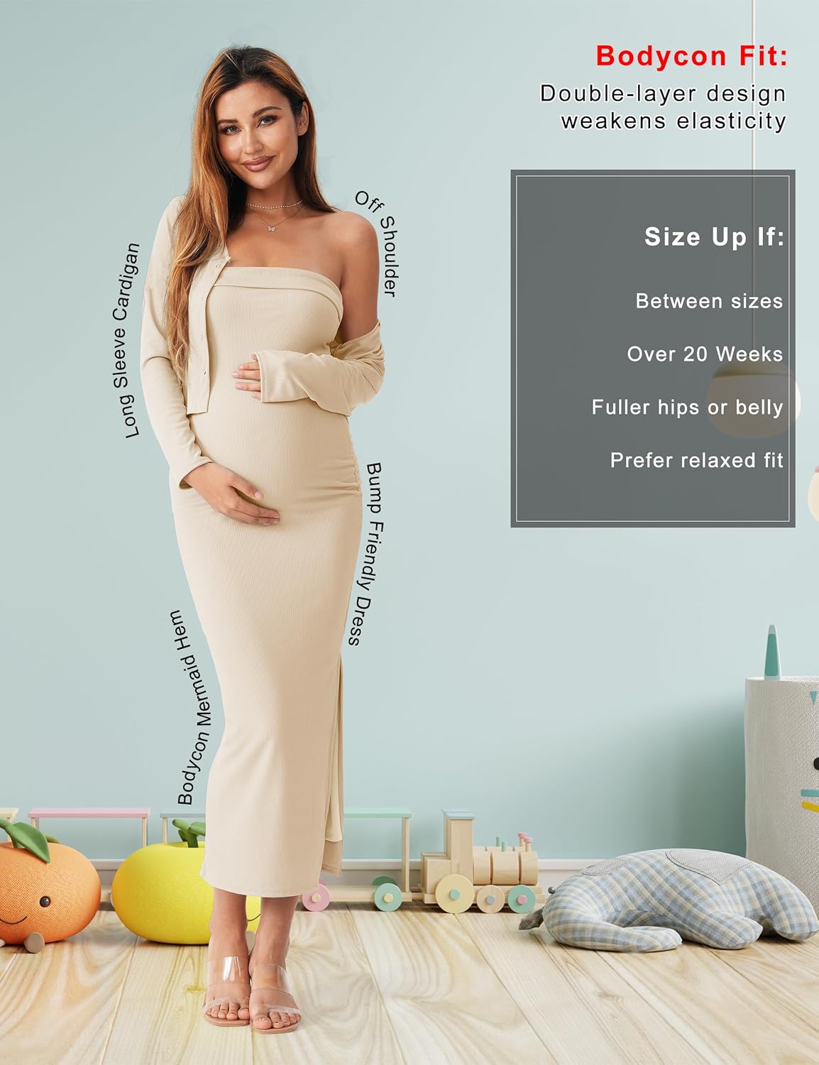 QUNISY 2 Piece Maternity Dress Cardigan Set, Strapless Bodycon Maxi Tube Dresses Long for Baby Shower Photoshoot Formal - Image 2