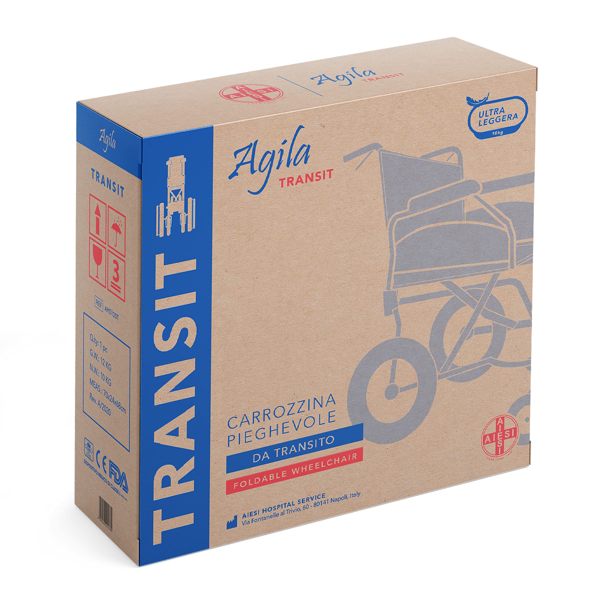 AIESI® Silla de Ruedas plegable Ultra-ligera de aluminio con freno para discapacitados y mayores AGILA TRANSIT, Doble sistema de frenado, Cinturon de seguridad, Garantía de 24 meses