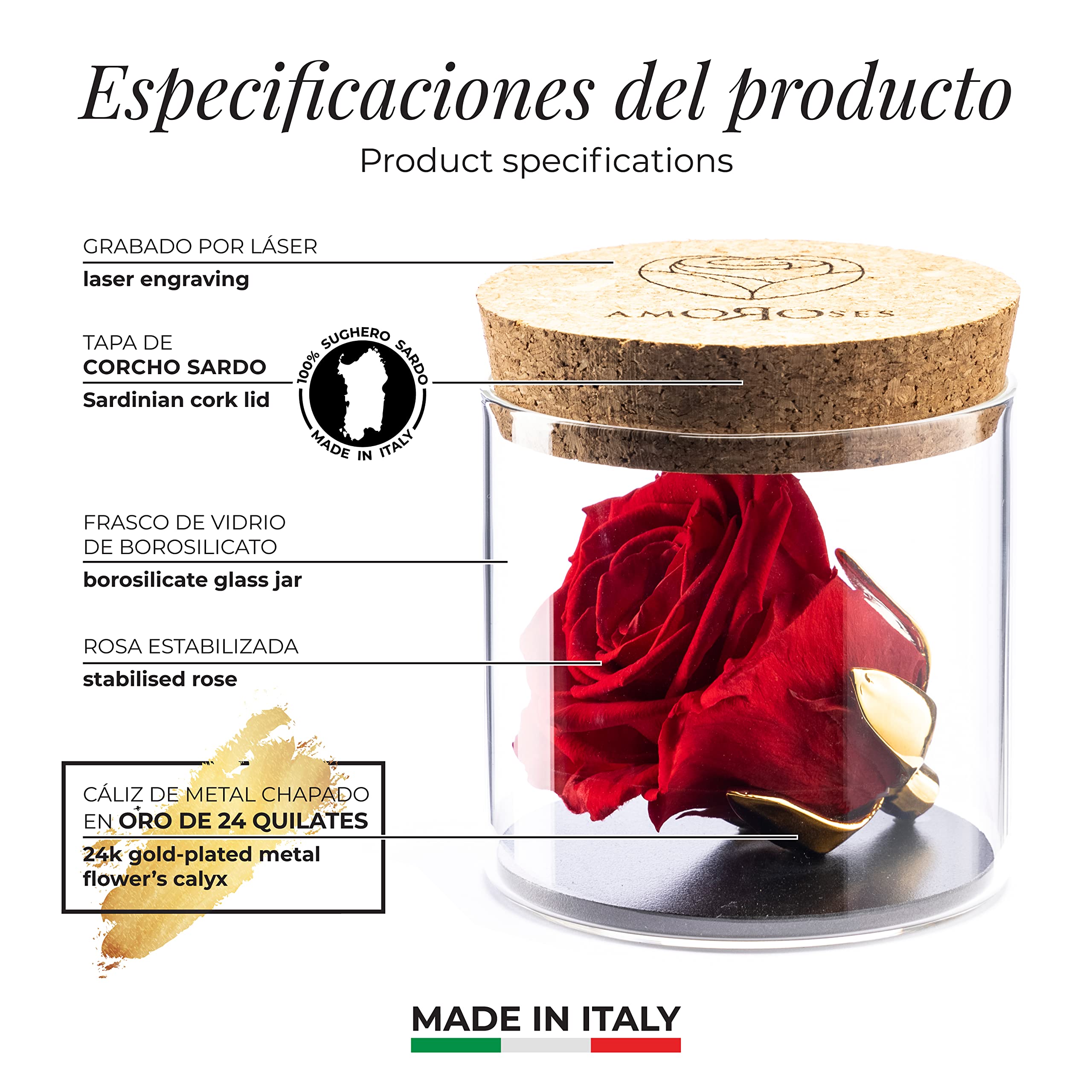 Amoroses Bijou - Rosa Eterna Estabilizada con Cáliz Chapado en Oro 24K en Frasco de Cristal | Idea de Regalo (Rosa Roja)