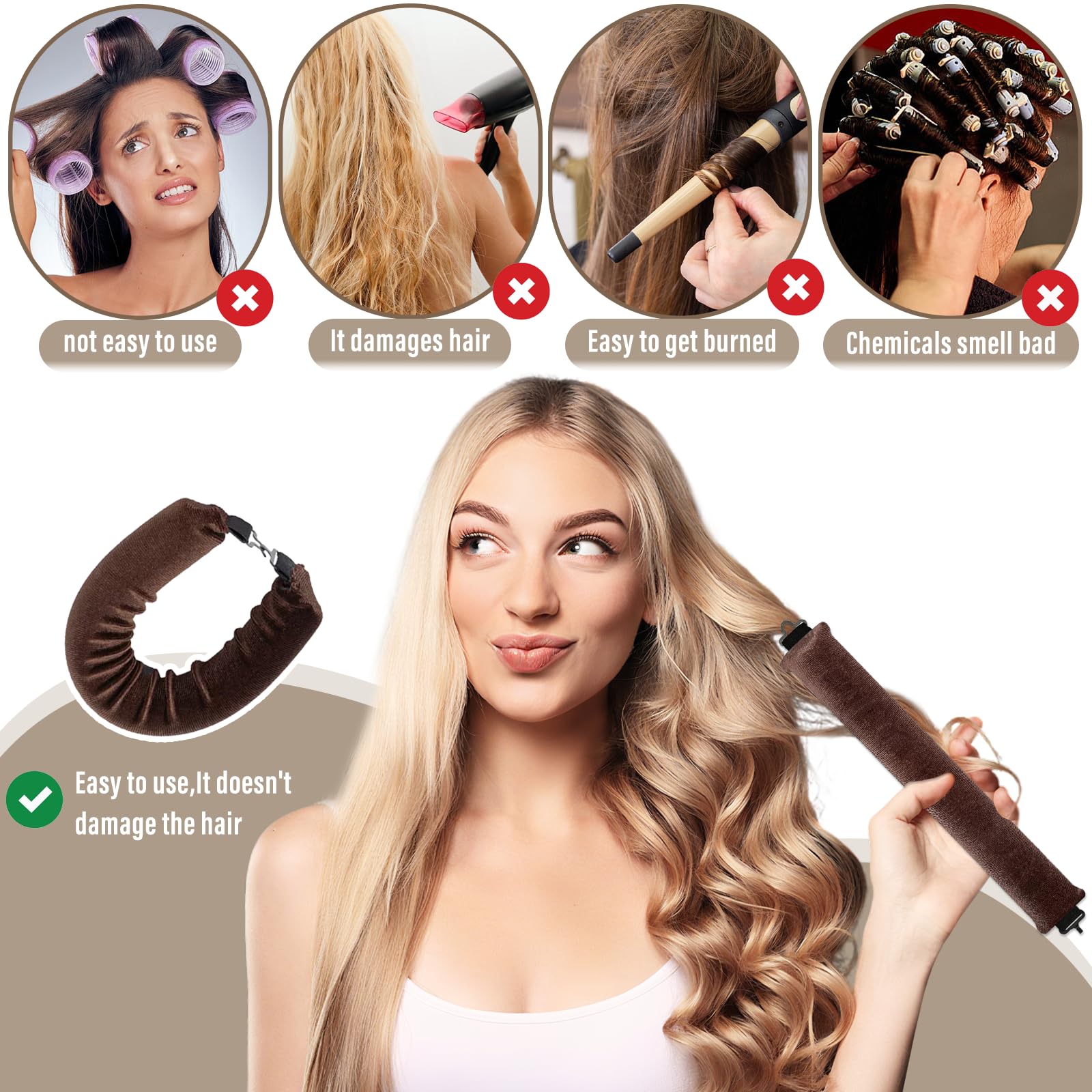 3 sztuki Heatless Curls, loki, bez wysokich temperatur, lokówki do włosów, loki, loki, loki, na noc, do wszystkich rodzajów włosów, kolor brązowy