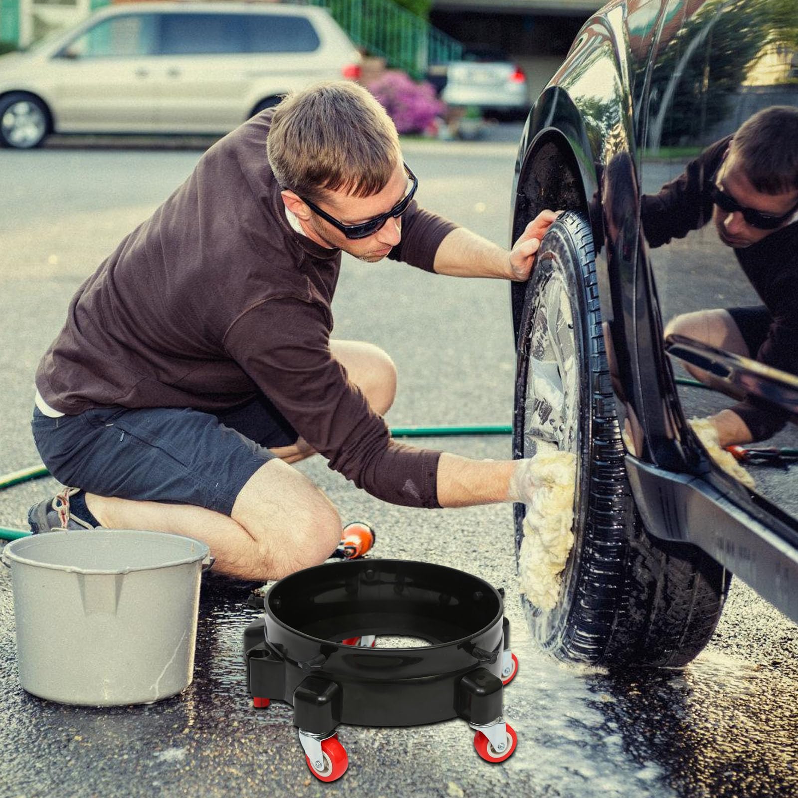 Seau de lavage de voiture portable sur roues chariot de lavage multifonction se transforme en un porte-rouleau pratique pour siège roulant