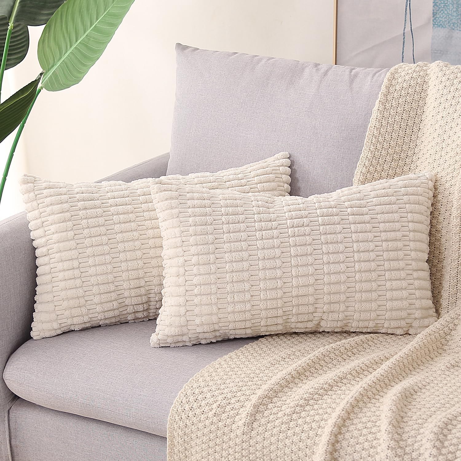 Corduroy Decorative Throw Pillow Covers 12x20 Inch Set of 2 Soft Boho Striped Lumbar Pillow Covers Modern Farmhouse Home Decor for Sofa Couch Living Room Cream White