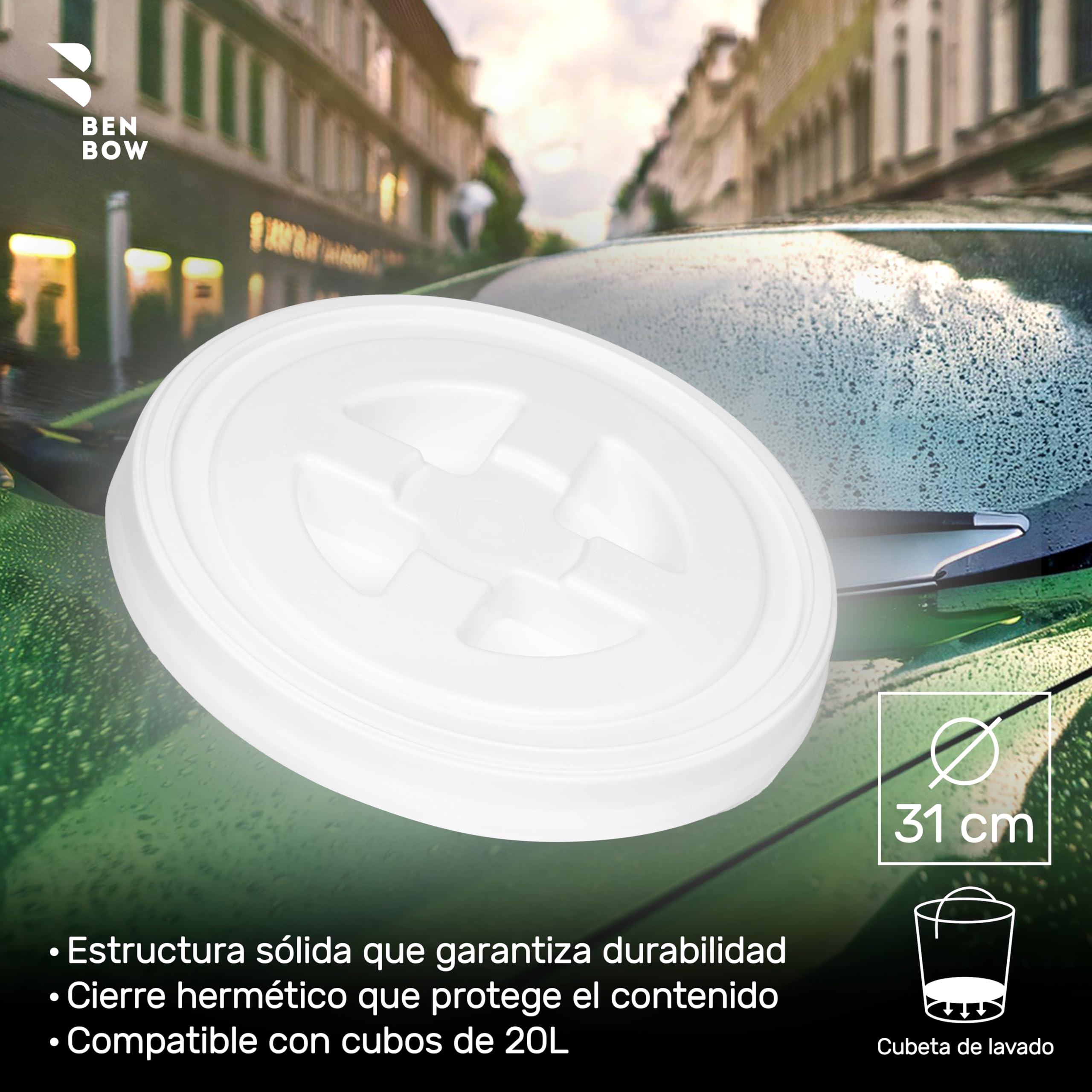 BenBow Juego Profesional: Cubo de Lavado con Tapa y colador de Suciedad – 20 litros Blanco – Duradero y versátil Lavado de Coches – Lavado – hogar – Oficina Limpieza