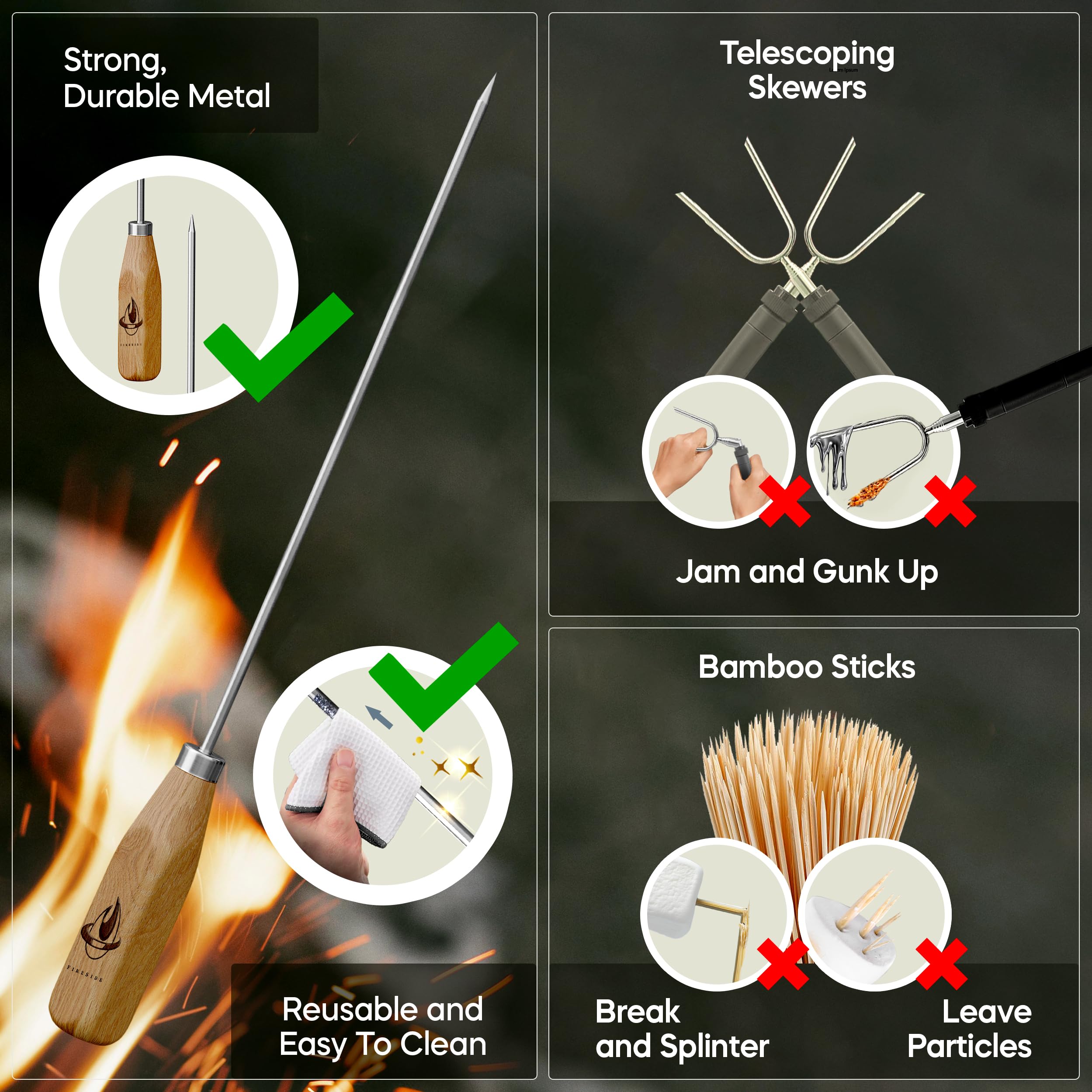 Bastoncini per marshmallow per braciere, 86,4 cm, extra lunghi, per arrosti, spiedini in metallo, arrosto, hot dog, mais, barbecue, accessori da campeggio all'aperto, con manico in legno (confezione