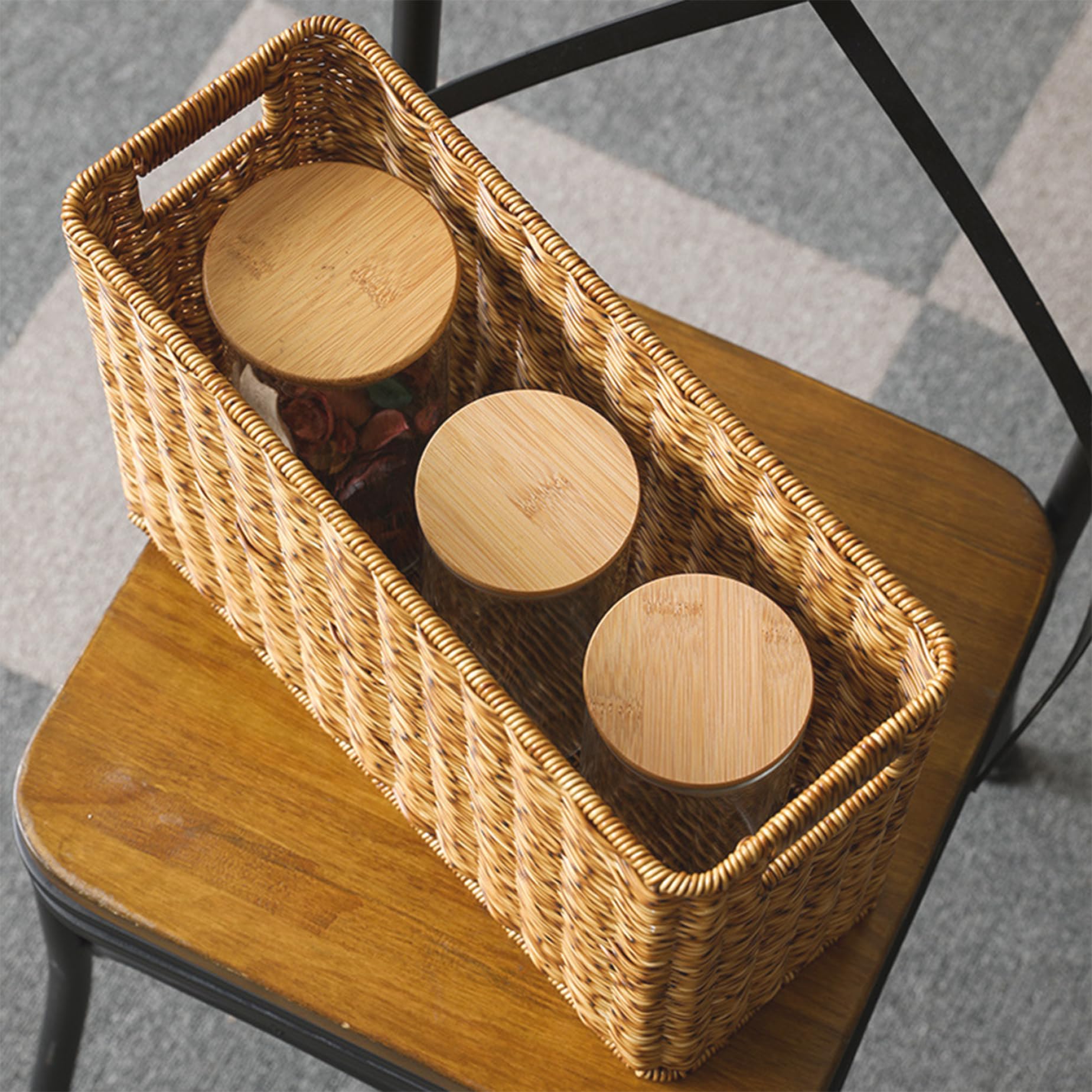 Panier de Rangement en Osier Panier de Magazine 15x10.2x5.9 Rack Magazine rotin tissé avec poignées Rangement rectangulaire pour journaux Bouteilles