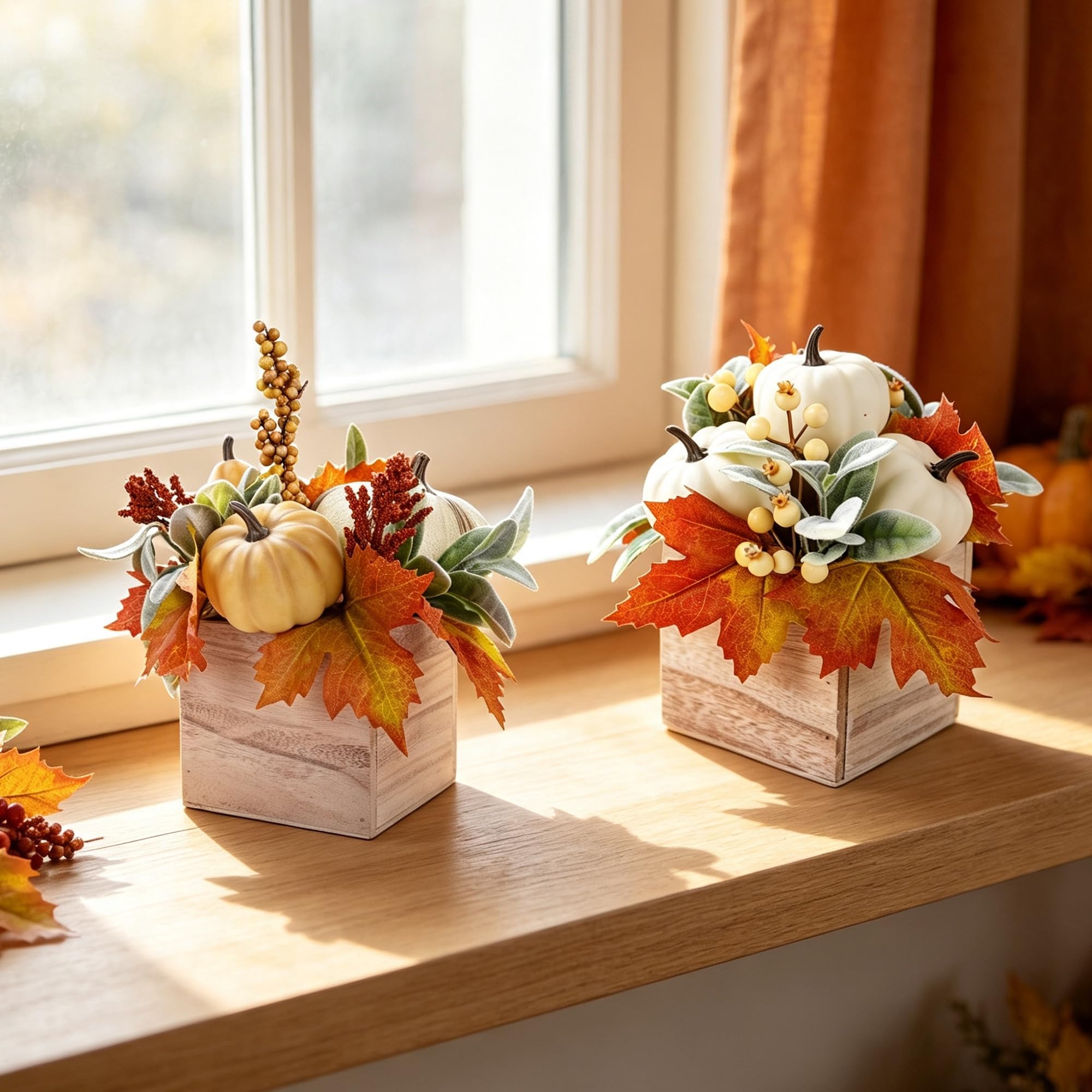 winemana Confezione da 2 decorazioni autunnali per la casa, zucca, zucca, bacche e foglie artificiali in vaso di legno, centrotavola autunnale per sala da pranzo, caminetto, interni