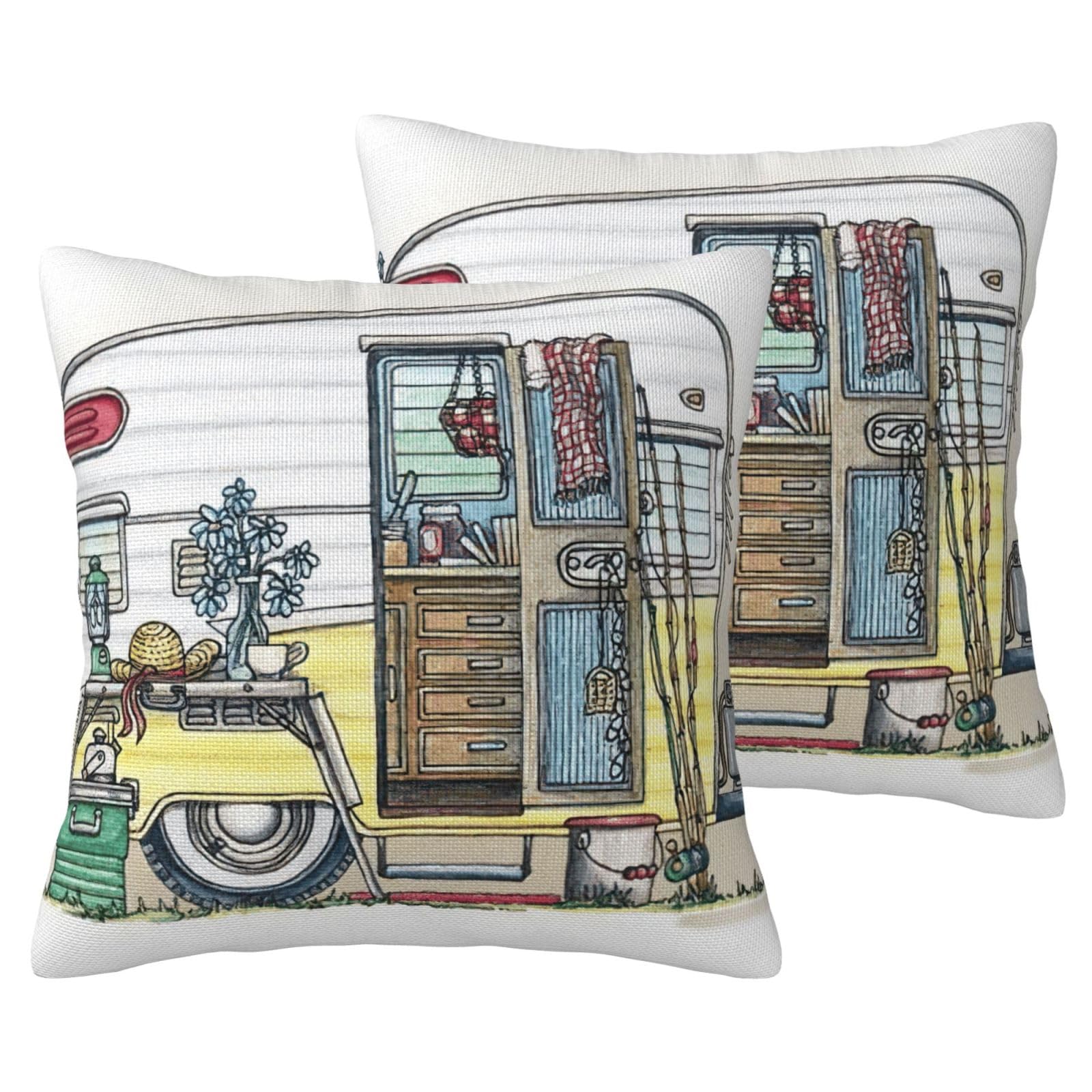 Taies d'oreiller imitation lin Happy Campers lot de 2 pour décoration de lit et canapé