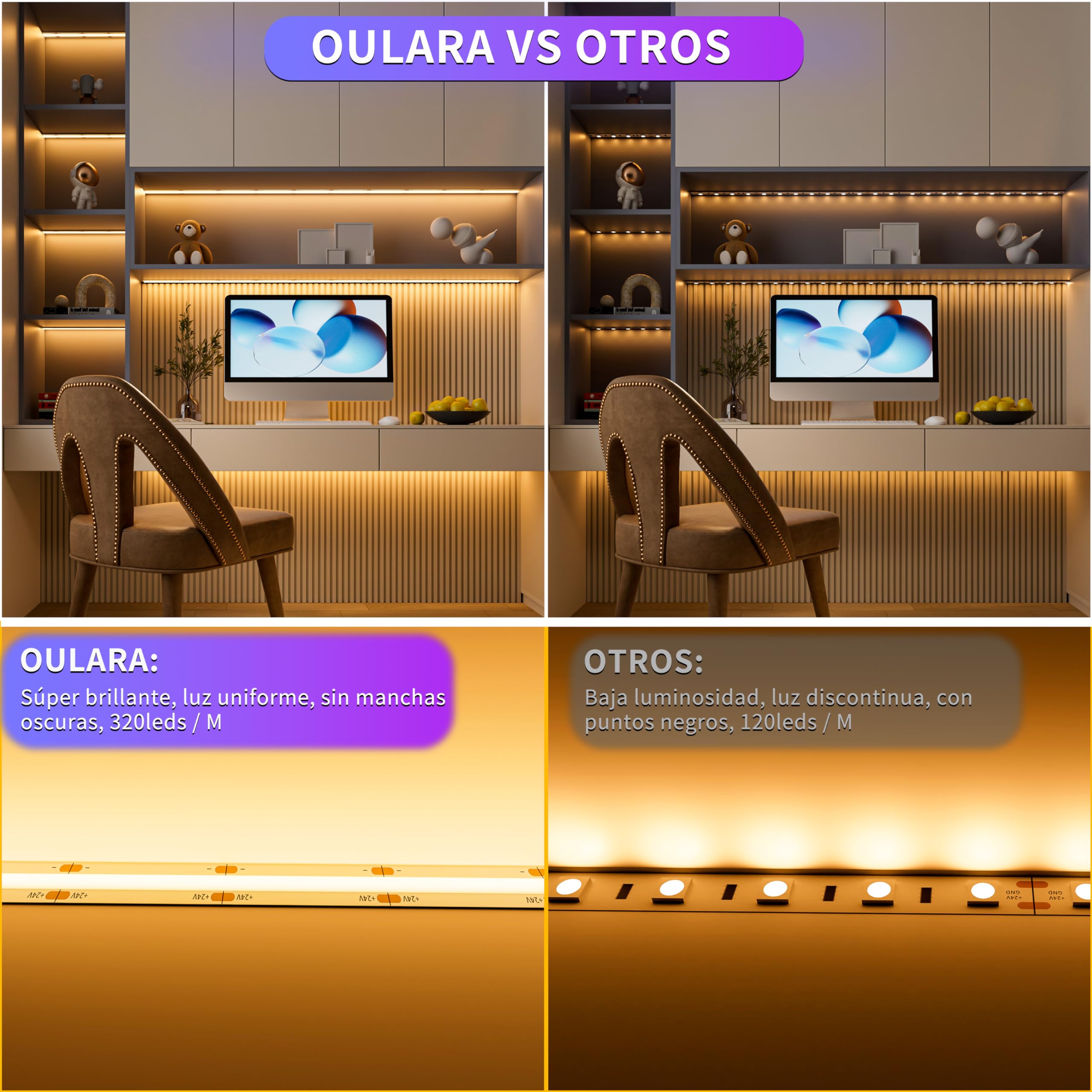 OULARA Tira LED COB 10M blanco cálido 2700K,Regulable 24V LED tira luces con RF Remoto y Alimentación,CRI90+ Flexible led Strip light para decoración del hogar,Función de Temporizador