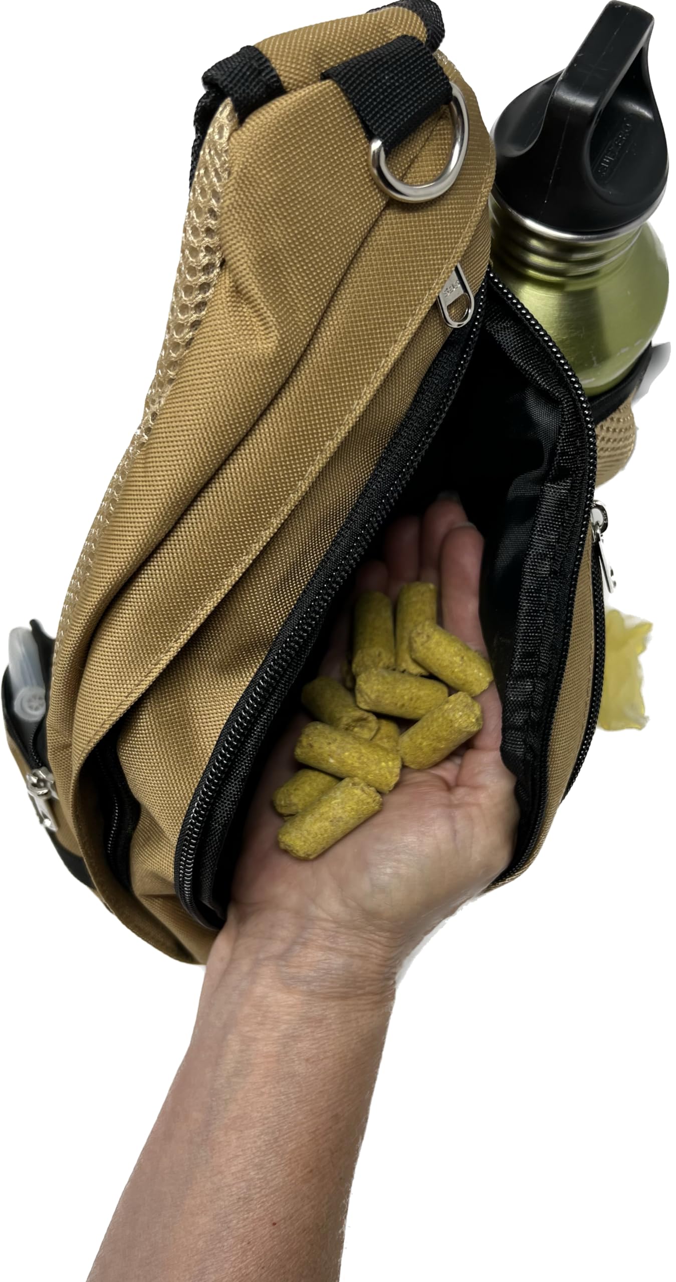 Freihändige Leine & Hundetrainingstasche – Leckerlibeutel, Kotbeutelhalter, Quietscher – Hundetrainingstasche für reaktive Hunde, Beweglichkeit und mehr (Tan, Standard)