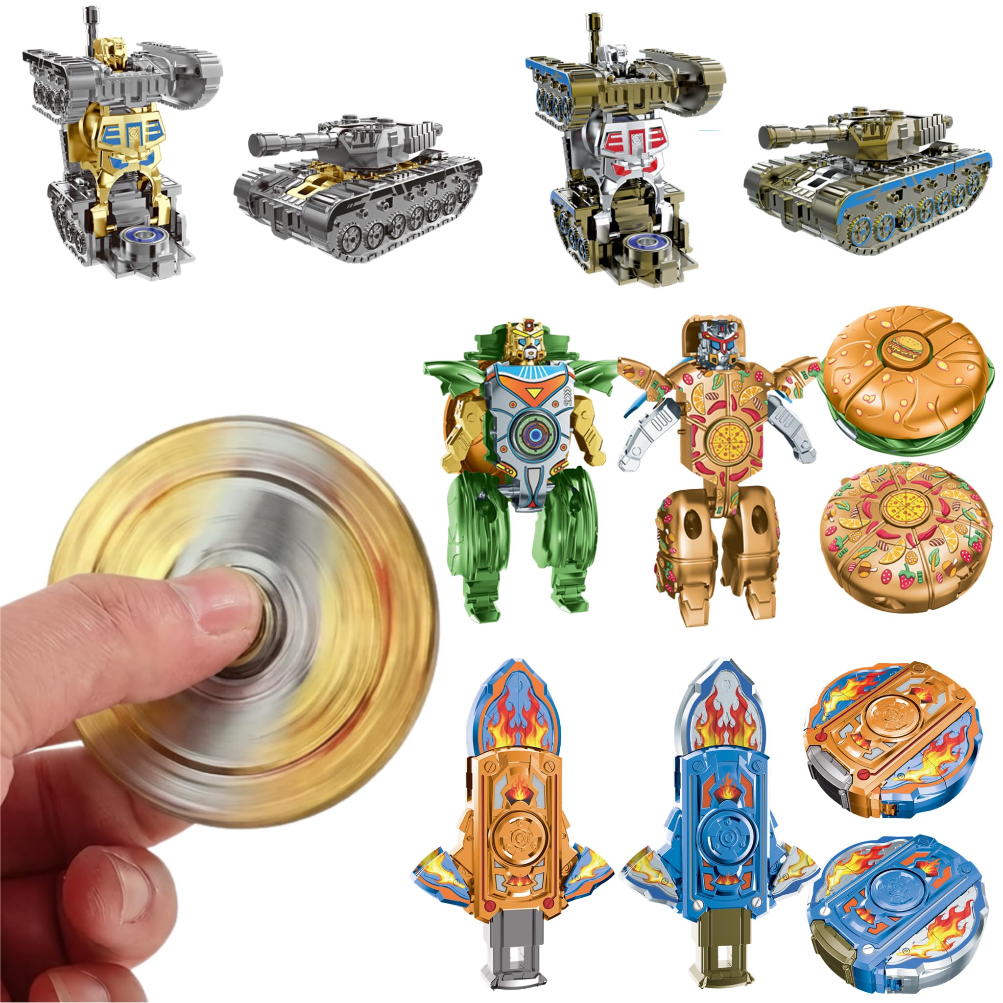 6Pcs Transformable Fidget Spinner Set, 3 Style Deformable Finger Gyros (Tank/Robot, Sword, Pizza/Robot), Dual-Mode Sensory Desk Toys for Focus, Quiet Pocket Gadgets for Adults & Teens
