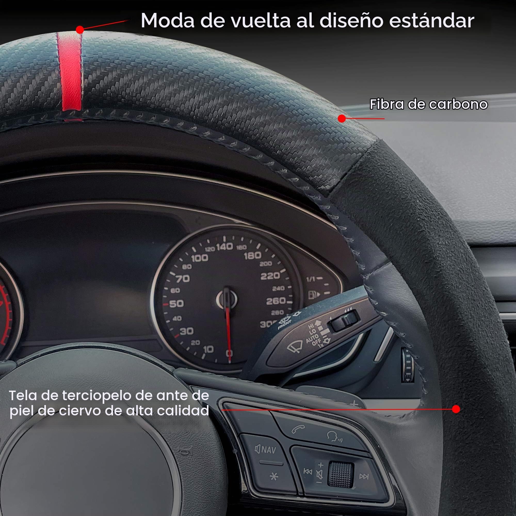 Carodi Funda para Volante de Fibra de Carbono de Gamuza para automóvil, Ajuste Interior de Cuero Antideslizante, Universal de 15 Pulgadas (Forma de D, Gamuza Negra con Fibra de Carbono)