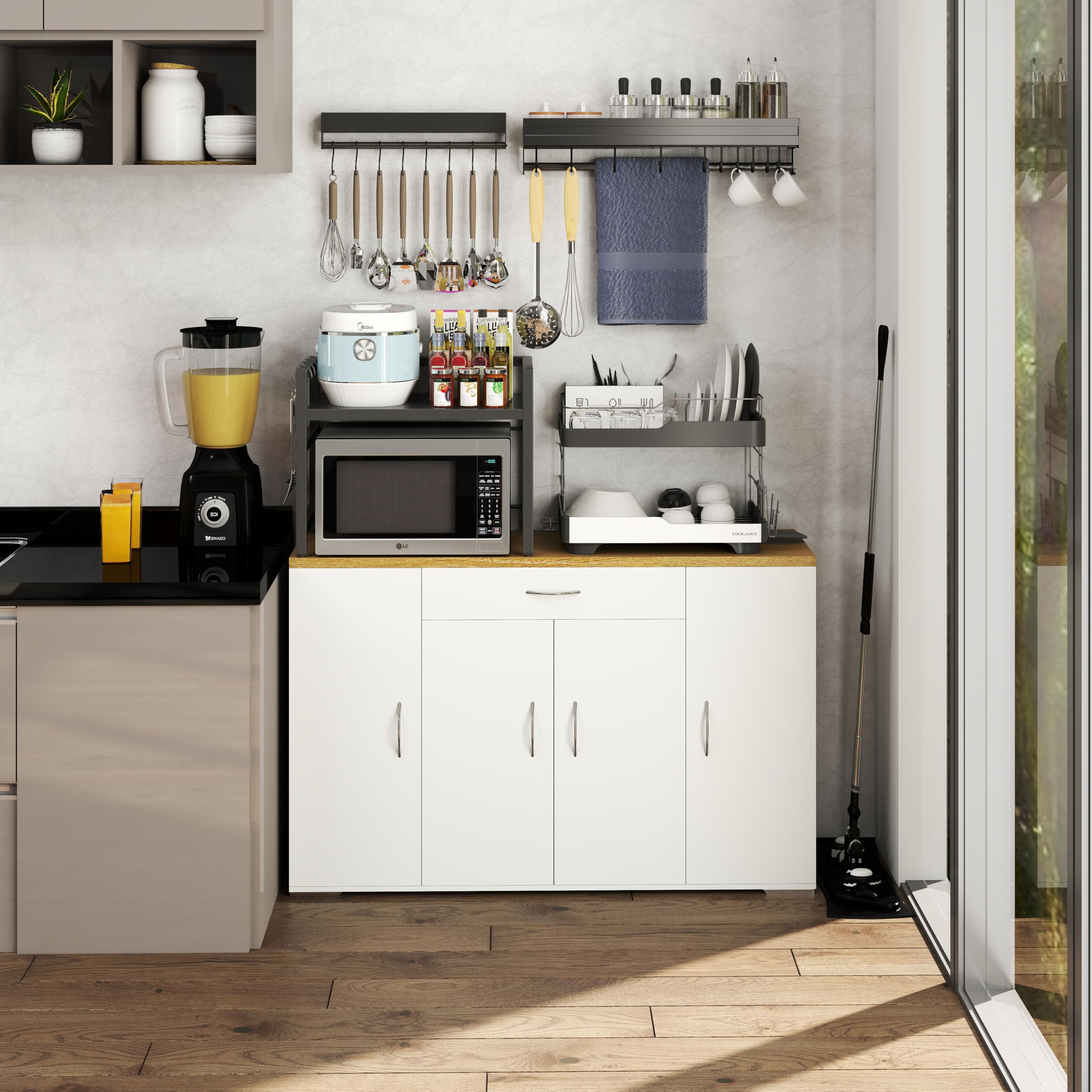 hitsuki Credenza Cucina Bianca 110 x 30 x 70 cm Mobiletto Cucina Salvaspazio Mobile Dispensa Cucina con 4 Ante e 1 Cassetto Madia Mobile da Cucina per Soggiorno Ingresso Corridoio