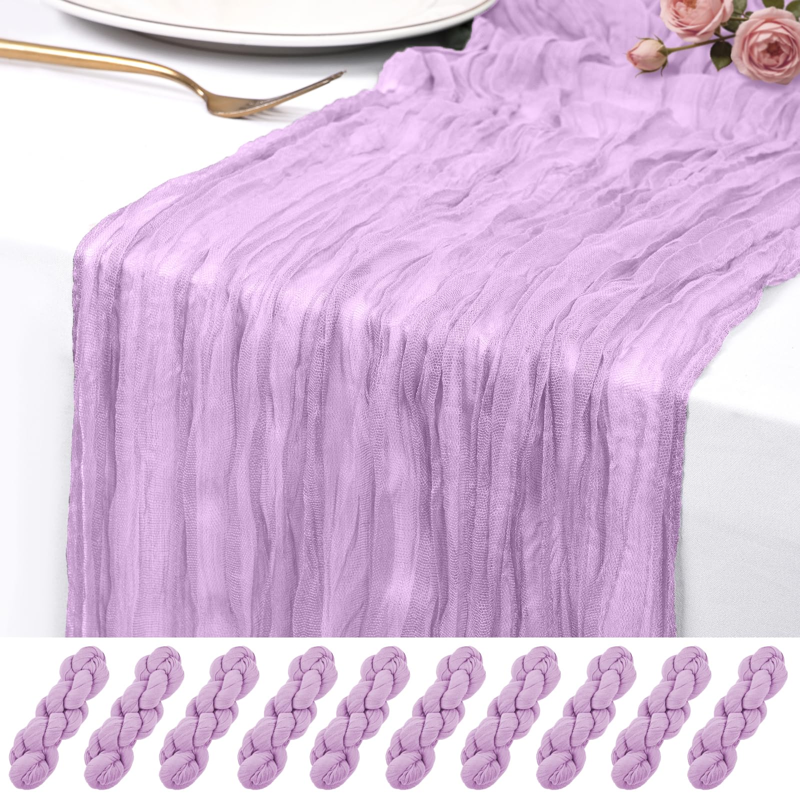 Photo 1 of 10 Pack Lavender Cheesecloth Table Runner 17x108 Inch Semi Sheer Boho Rustic Gauze Cheese Cloth Table Runners for Wedding Party Birthday Baby Shower Home Décor