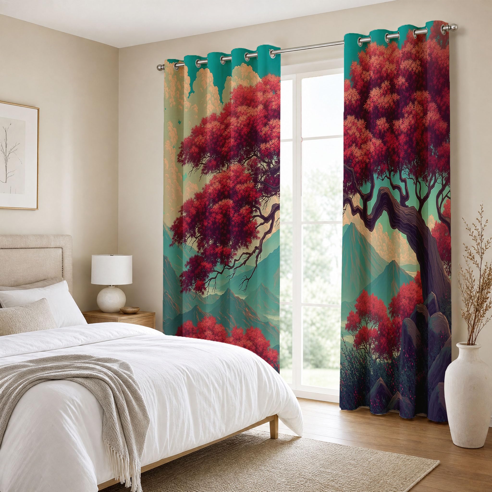 95% Rideau Occultant,Vert Clair Rideaux Occultant Thermiques à Oeillets,Rideau Opaque imprimés Japonais Plantes Rétro Érable Rouge Decoration pour Enfant Chambre,140x240 cm (2 Panneaux)