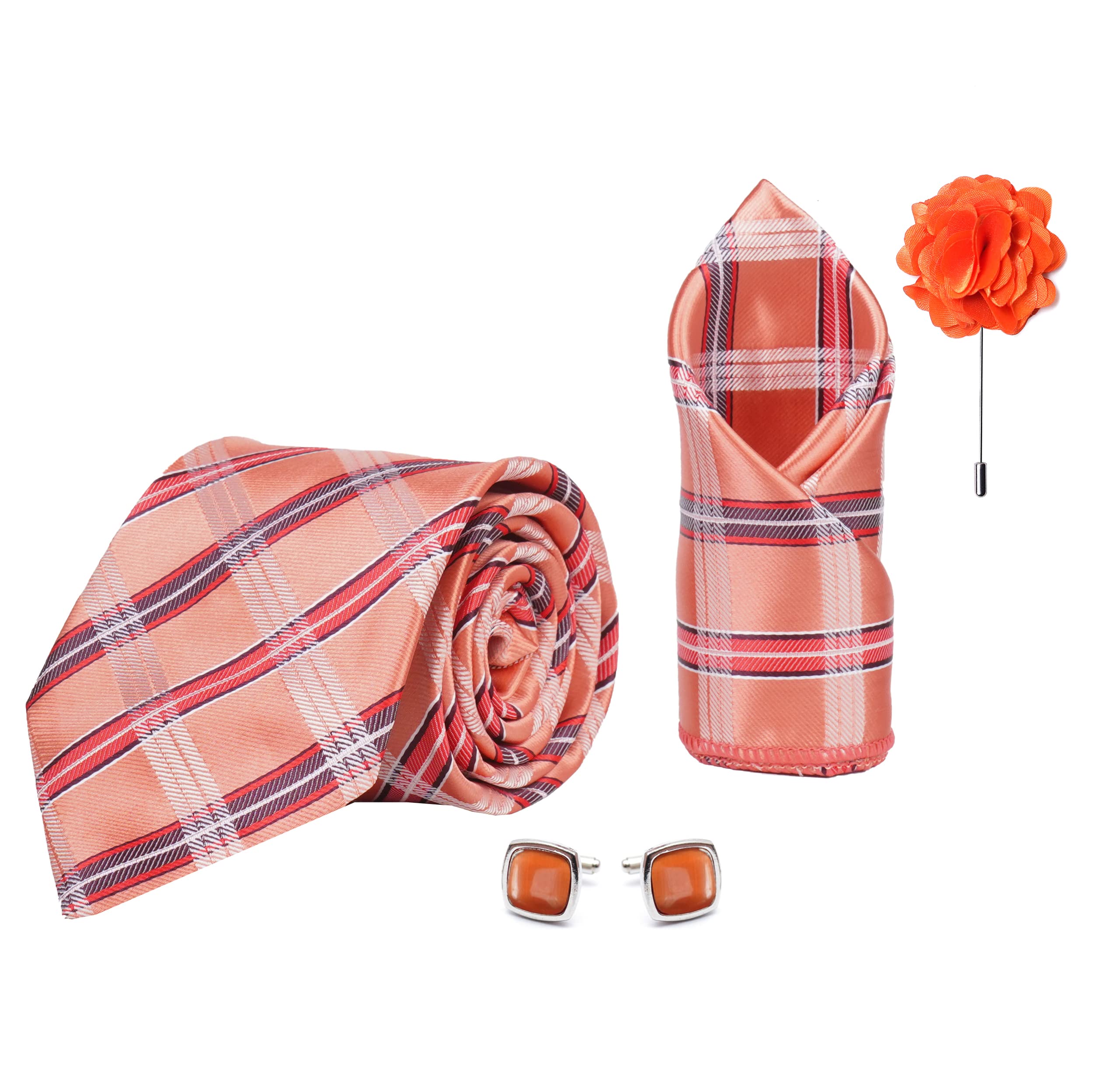 axlon Men's Check Micro Wooven Silk Necktie Gift Set With Pocket Square Cufflinks & Brooch Pin Tie for Men Formal Tie Set with Box (Pack of 4) (AX11_14, Peach)-picture-48